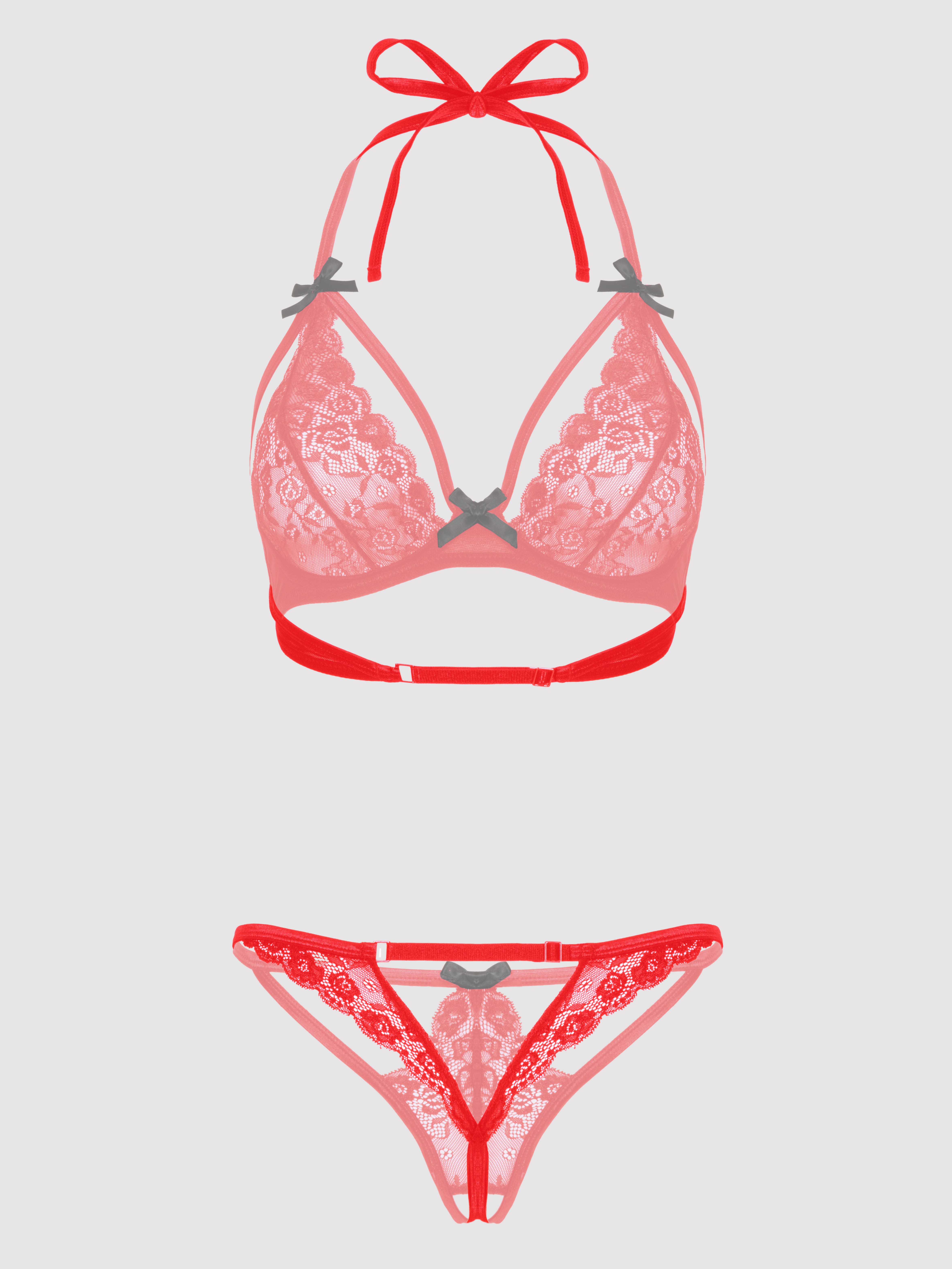 Lovehoney Plus Size Underwired Lace Triangle Bra and Crotchless G-String Set, Red, hi-res