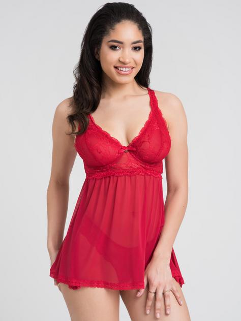 Lovehoney Plus Size Love Me Lace Red Soft Cup Babydoll Set, Red, hi-res