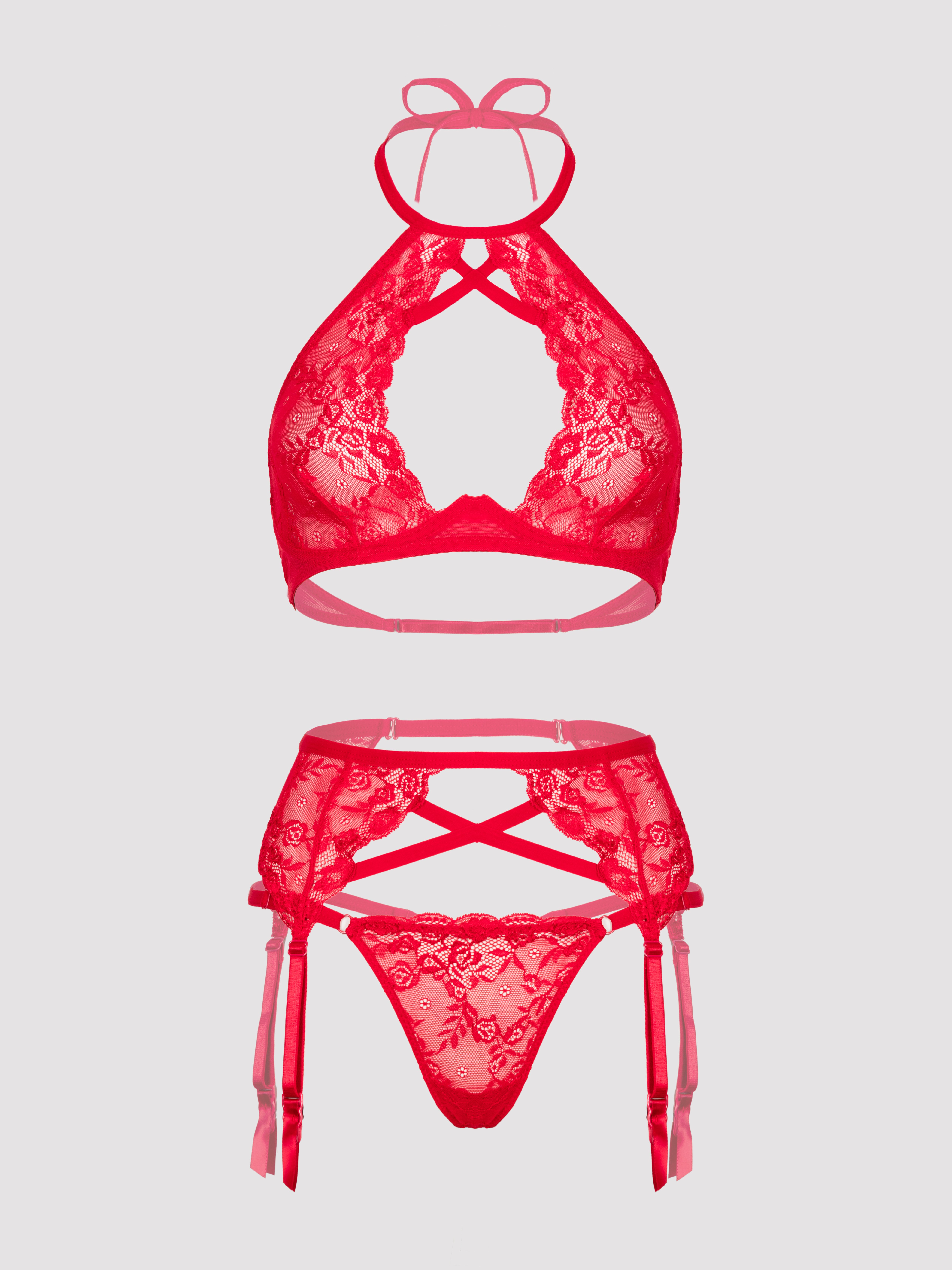 Lovehoney Red Underwired Halterneck Bra and Suspender Set, Red, vanilla