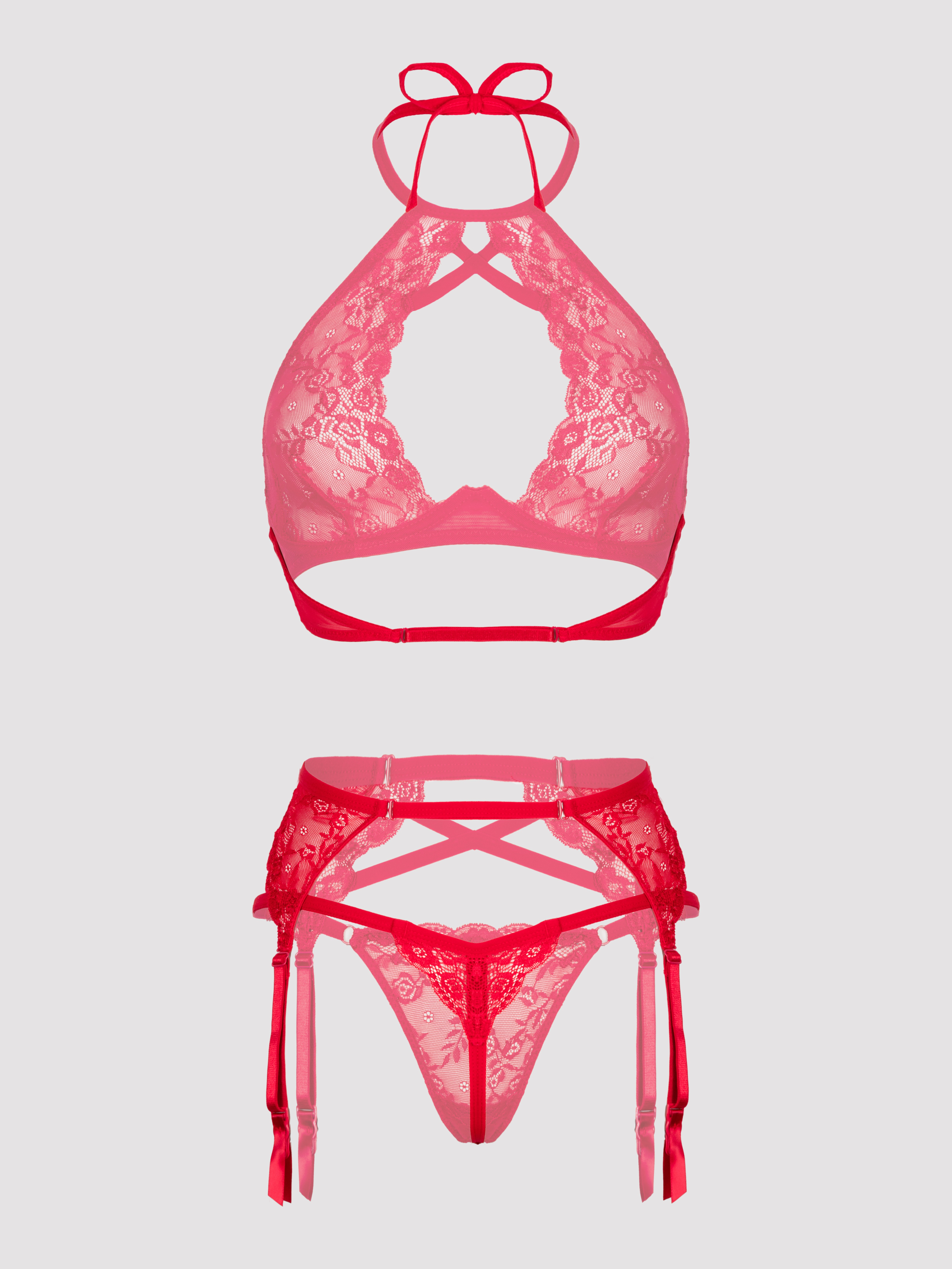 Lovehoney Red Underwired Halterneck Bra and Garter Set, Red, hi-res