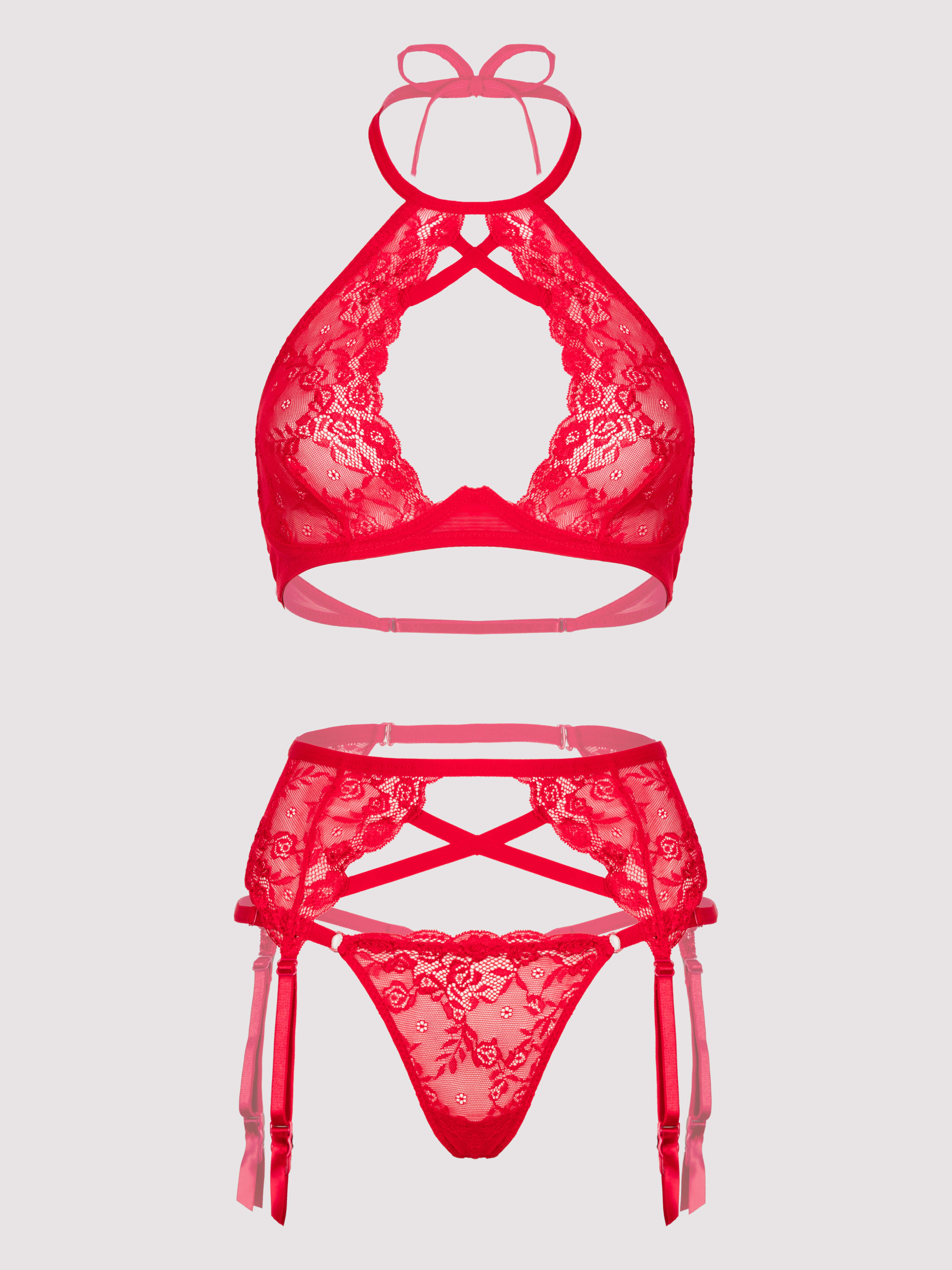 Lovehoney Red Underwired Halterneck Bra and Suspender Set, Red, hi-res