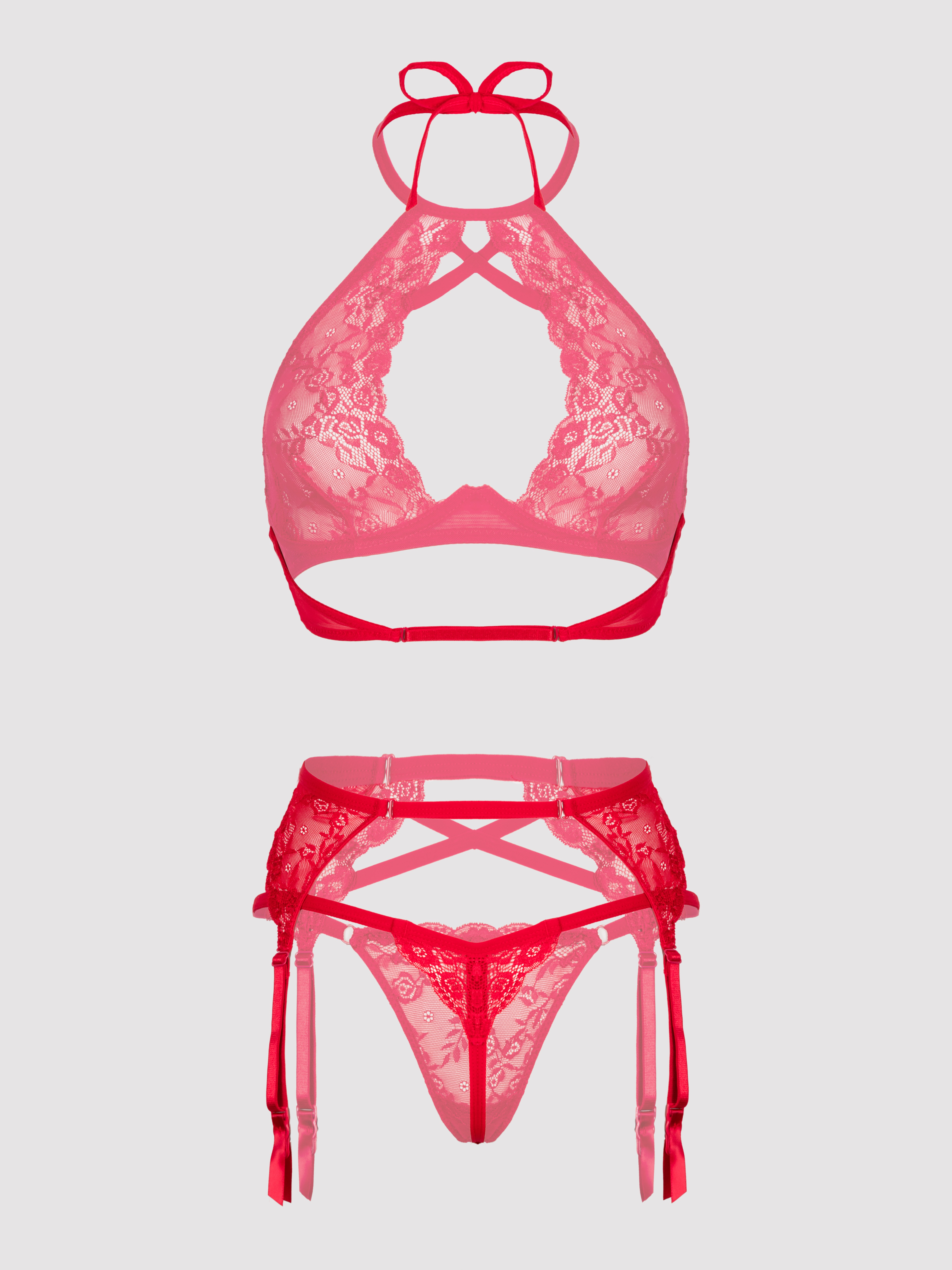 Lovehoney Red Underwired Halterneck Bra and Suspender Set, Red, hi-res
