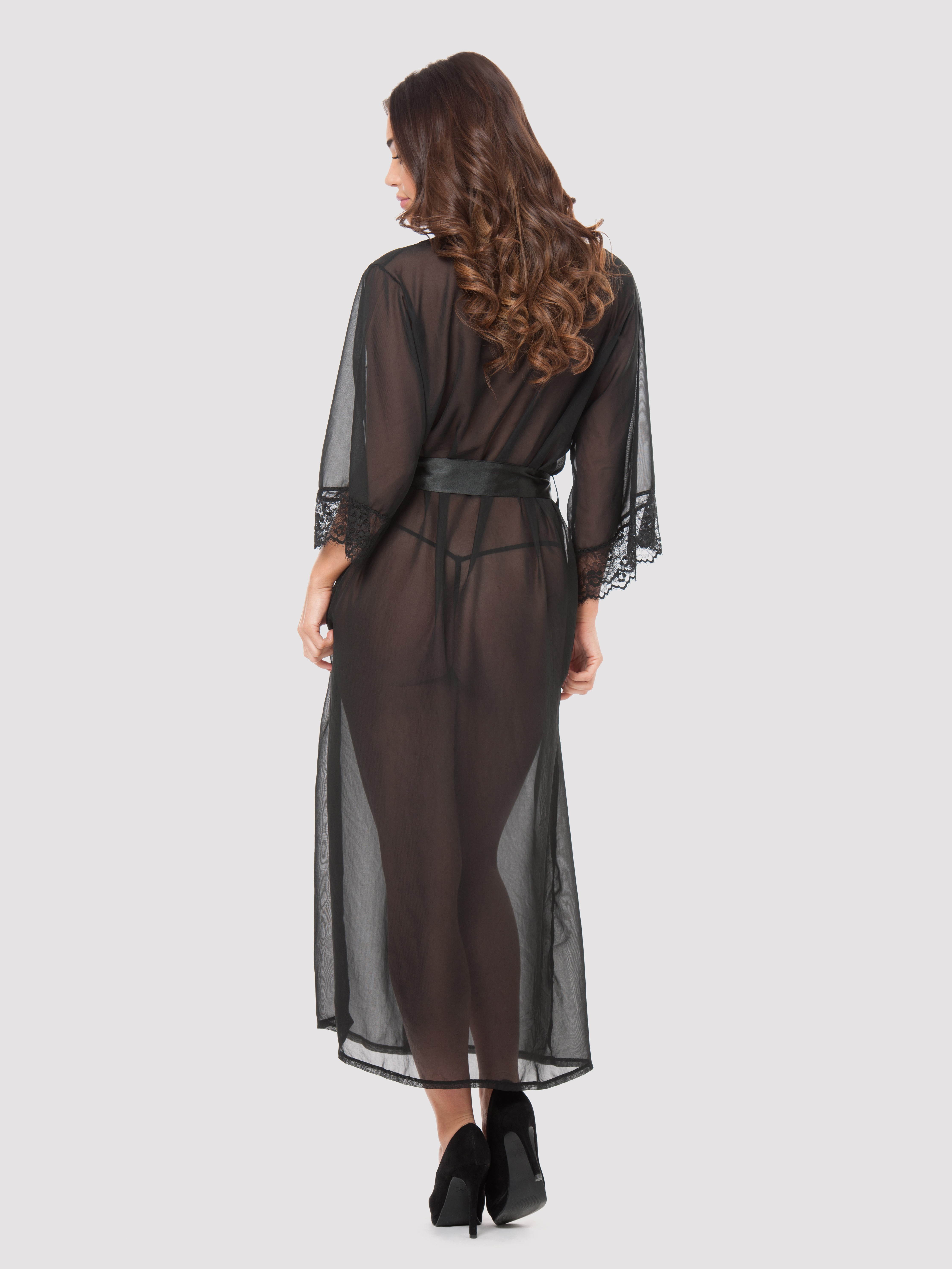 Lovehoney Barely There Long Sheer Black Robe, Black, hi-res