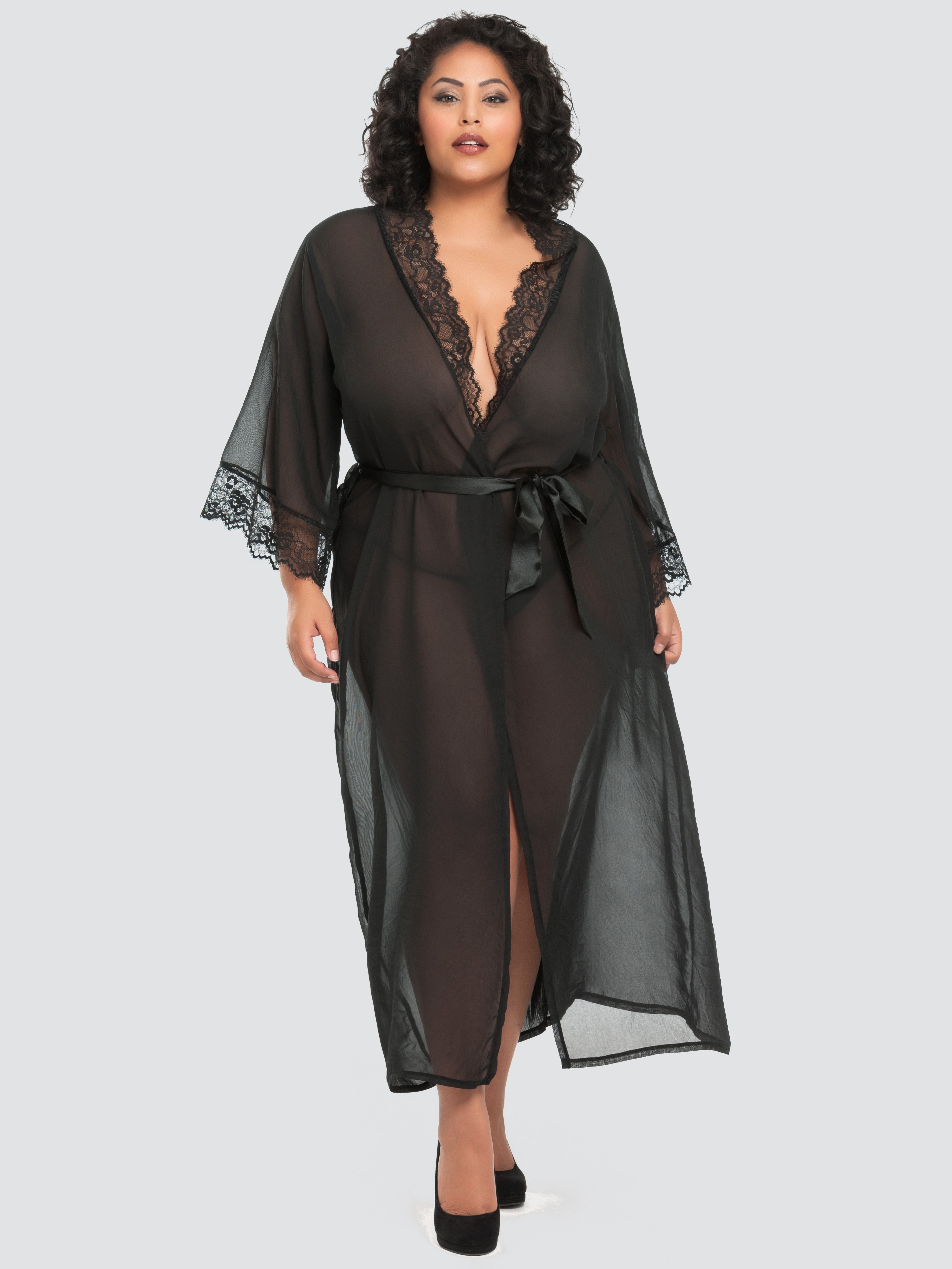 Lovehoney Plus Size Barely There Long Sheer Black Robe, Black, hi-res
