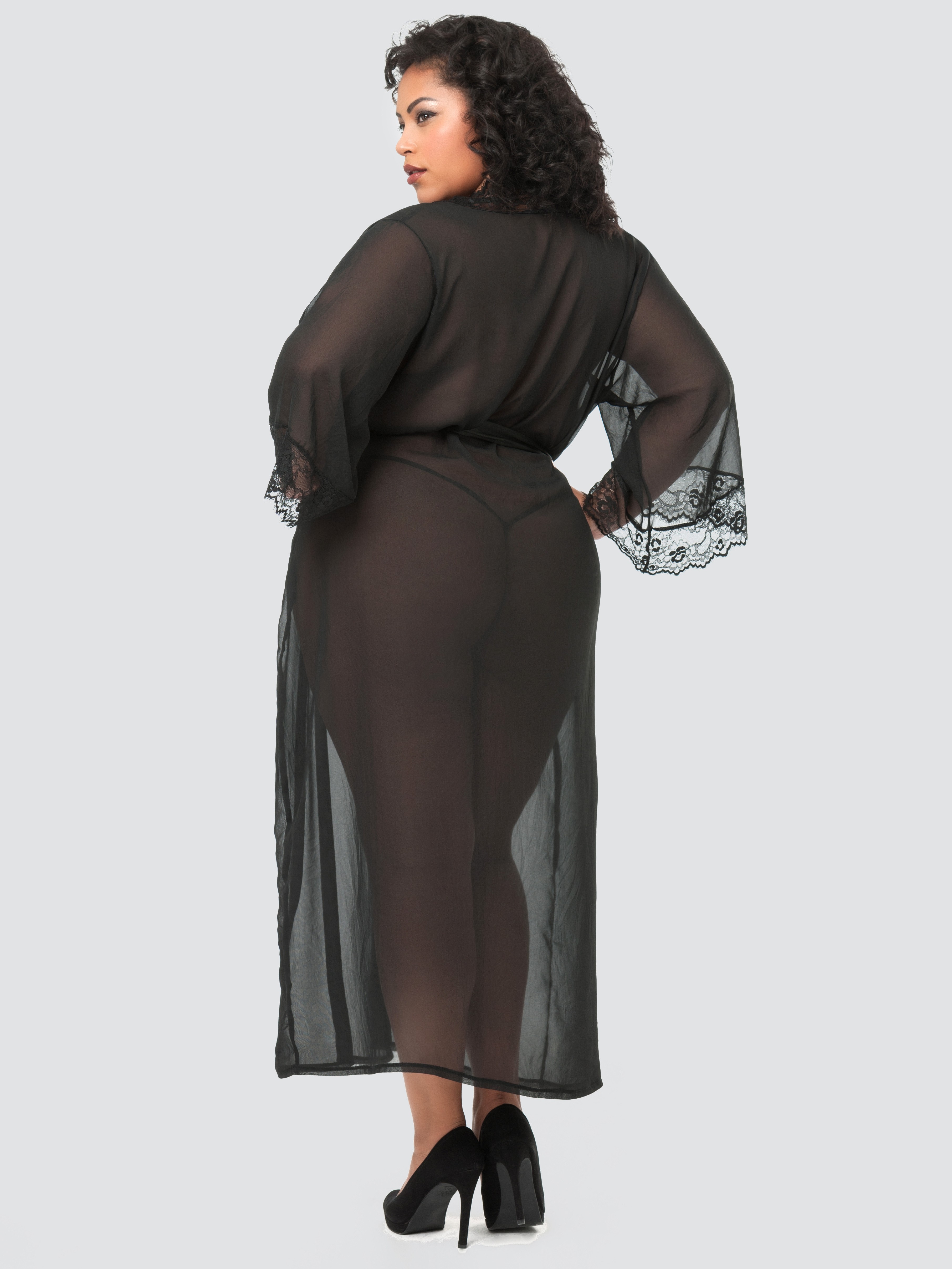 Lovehoney Plus Size Barely There Long Sheer Black Robe, Black, hi-res