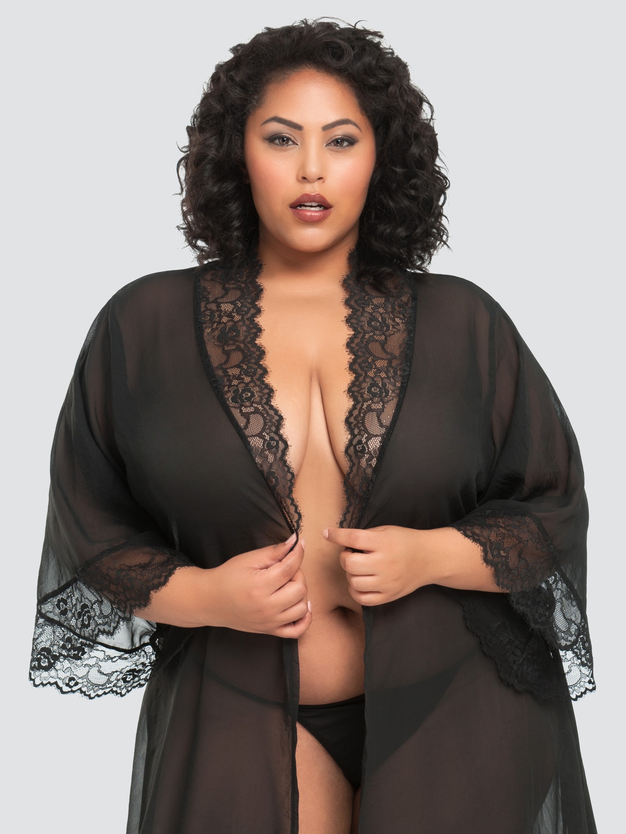 Lovehoney Plus Size Barely There Long Sheer Black Robe, Black, hi-res