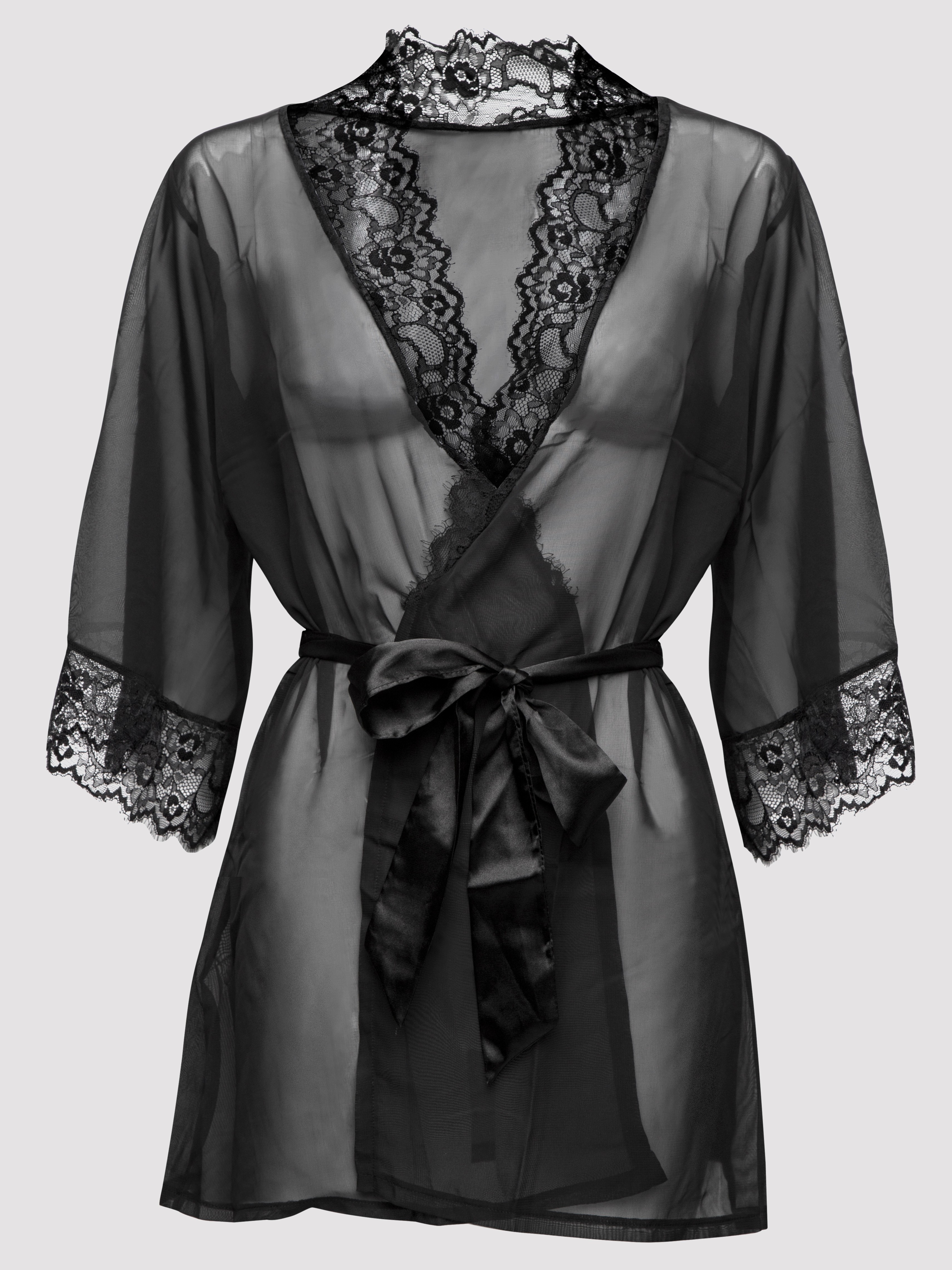 Lovehoney Barely There Sheer Black Robe, Black, hi-res