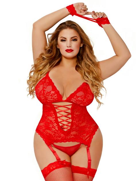 Seven 'til Midnight Midnight Affair Red Lace Bustier Set, Red, hi-res