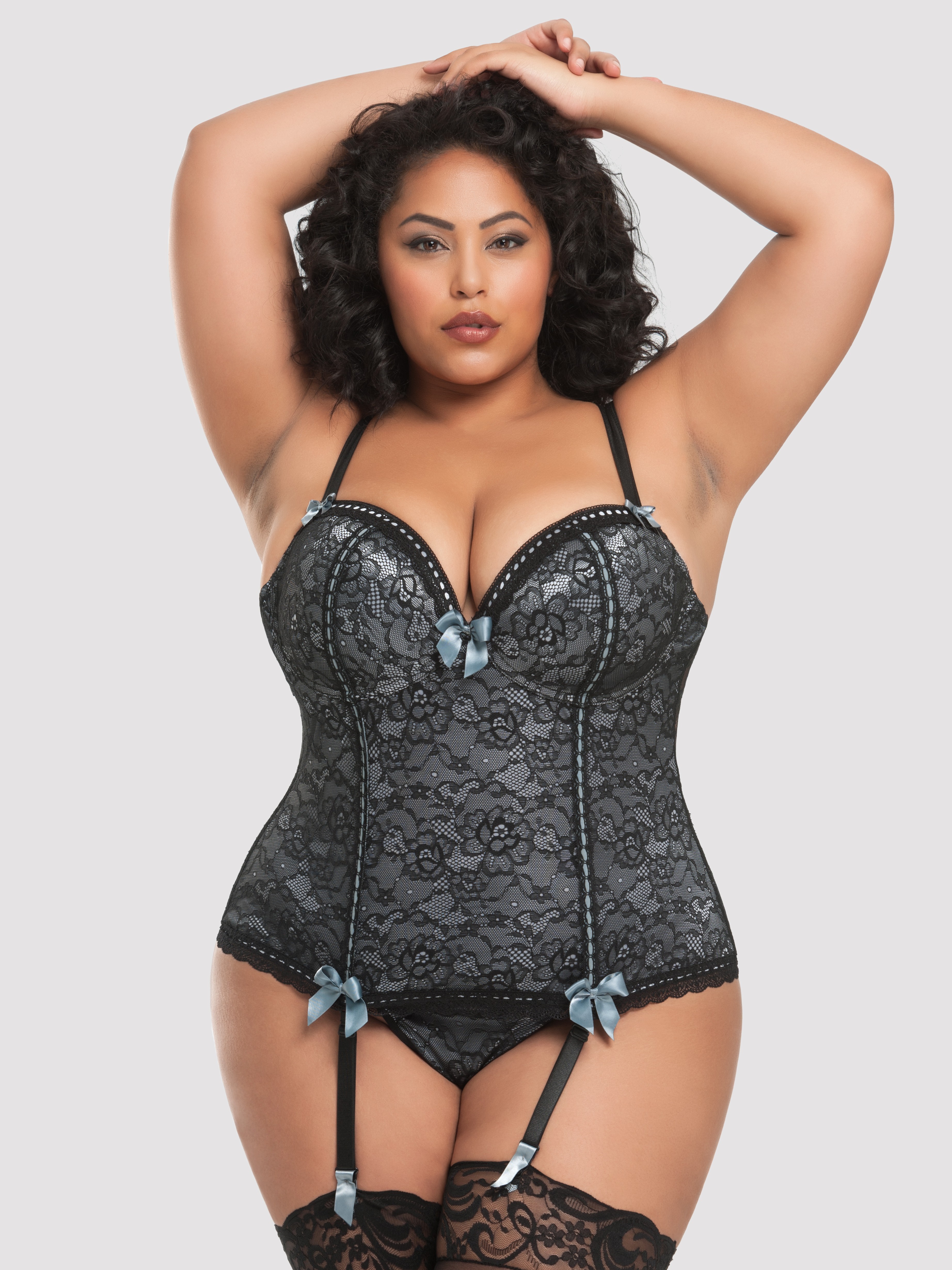 Lovehoney Silver Push-Up Basque Set, Silver, hi-res