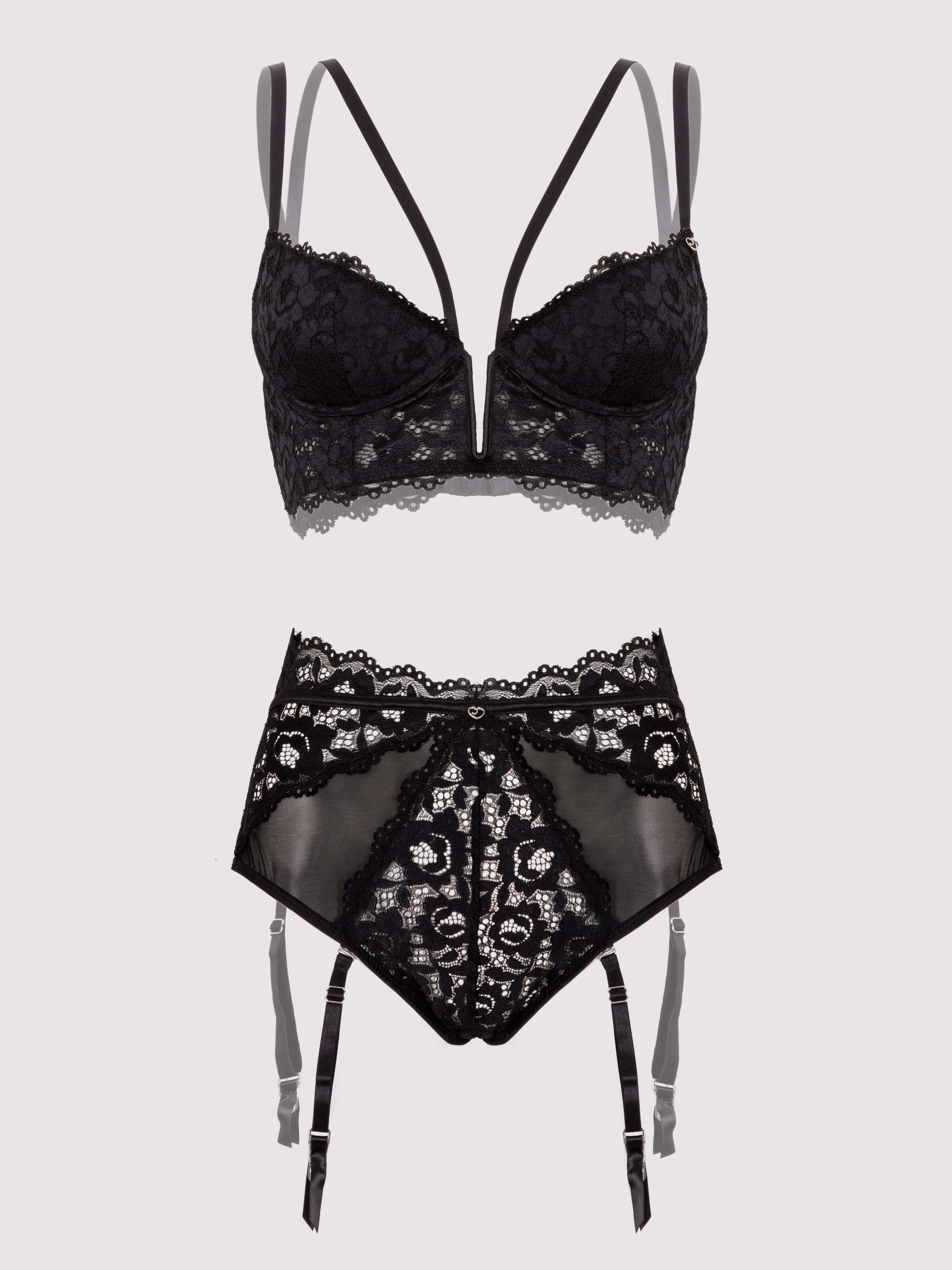 Lovehoney Parisienne Black Lace Plunge Longline Bra Set, Black, vanilla