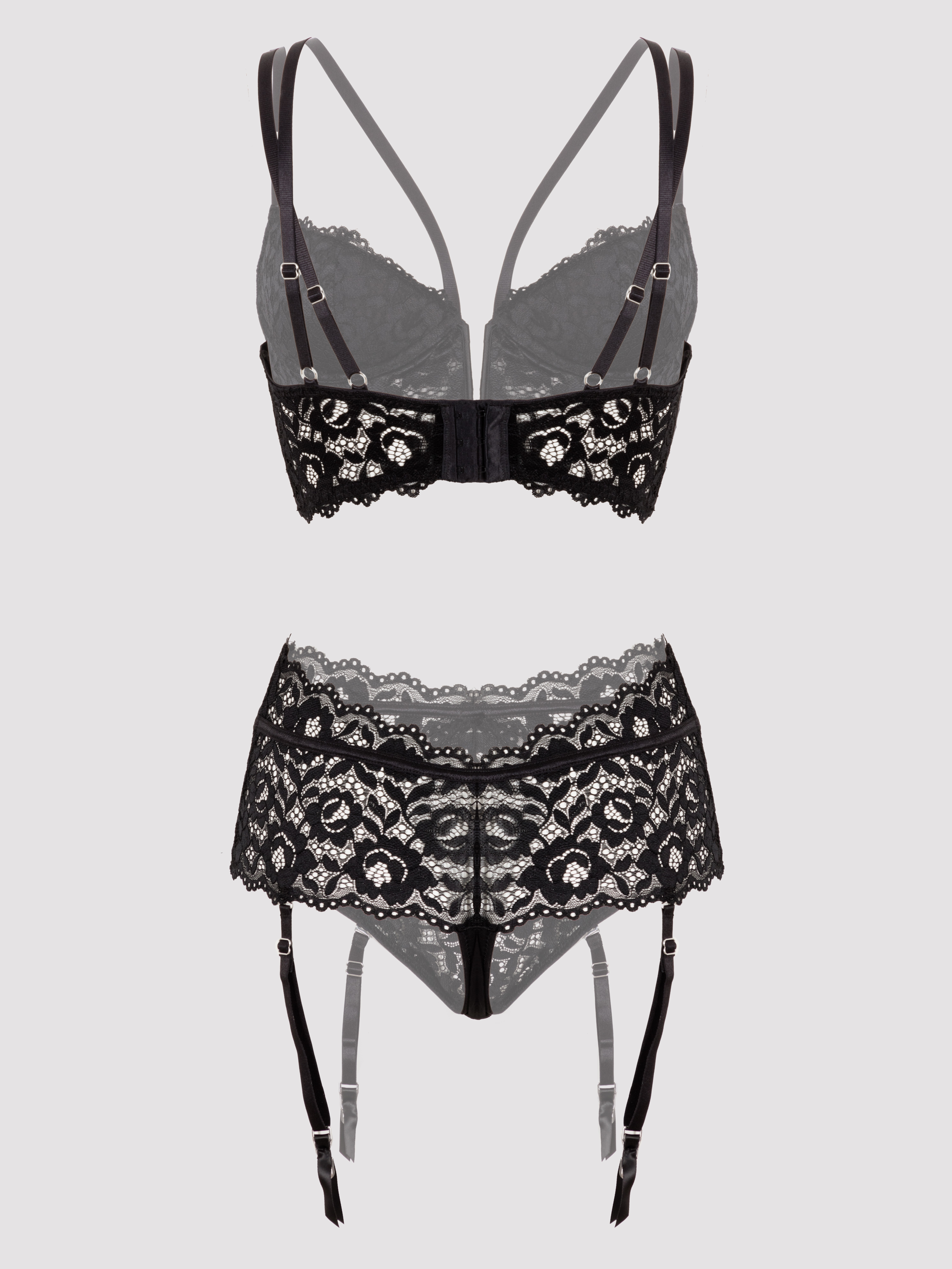 Lovehoney Plus Size Parisienne Black Lace Plunge Longline Bra Set, Black, hi-res