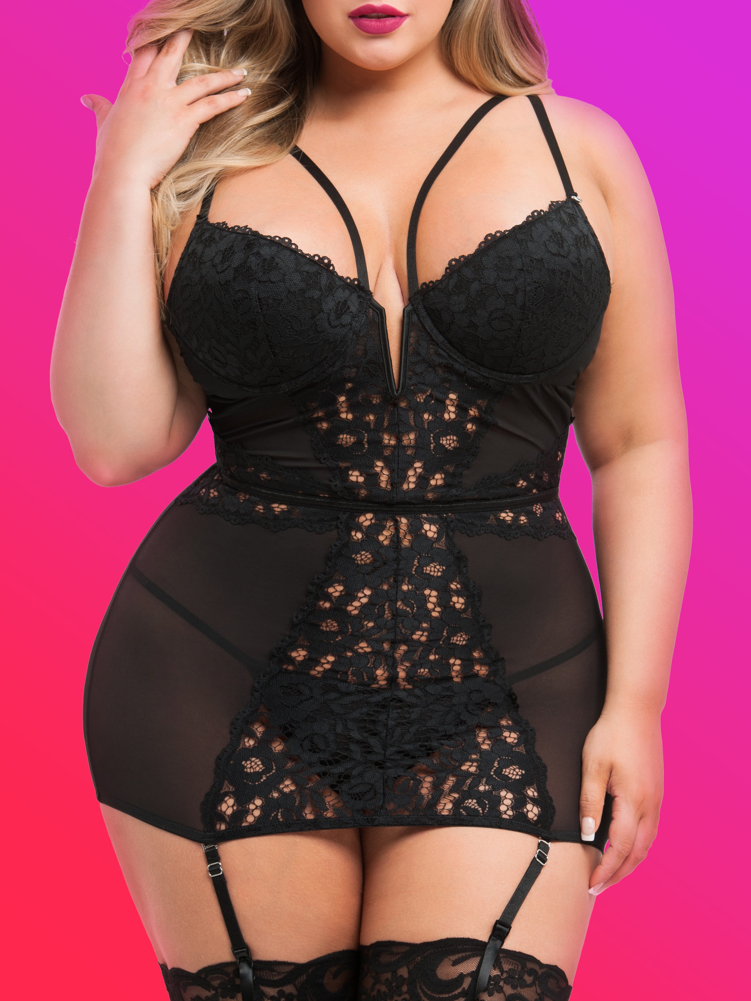 Lovehoney Parisienne Black Lace Plunge Chemise, Black, hi-res