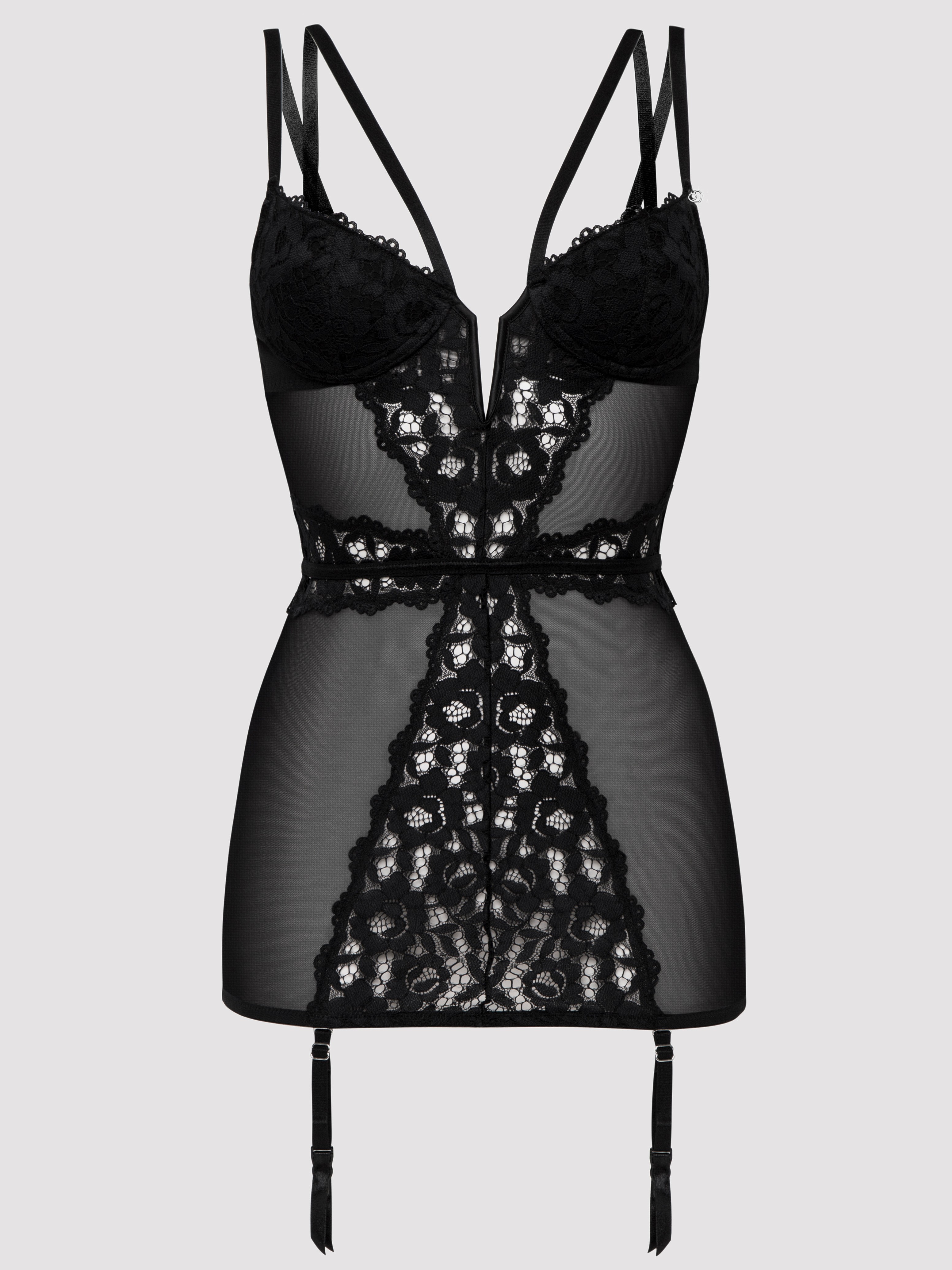 Lovehoney Parisienne Black Lace Plunge Chemise, Black, hi-res
