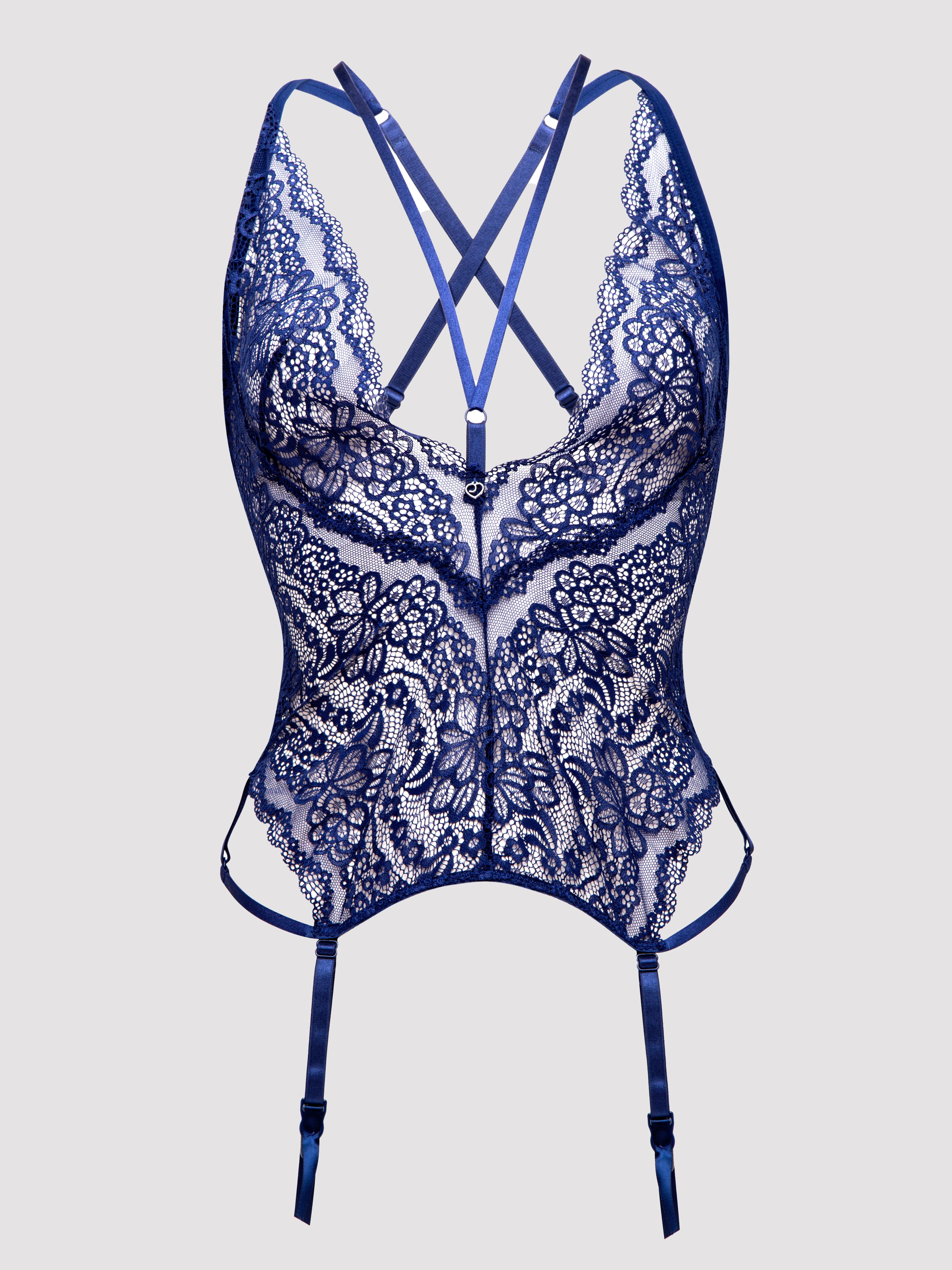 Lovehoney Late Night Liaison Blue Lace Deep Plunge Bustier Set, Blue, hi-res