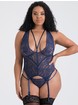 Lovehoney Plus Size Late Night Liaison Blue Lace Plunge Bustier Set, , hi-res
