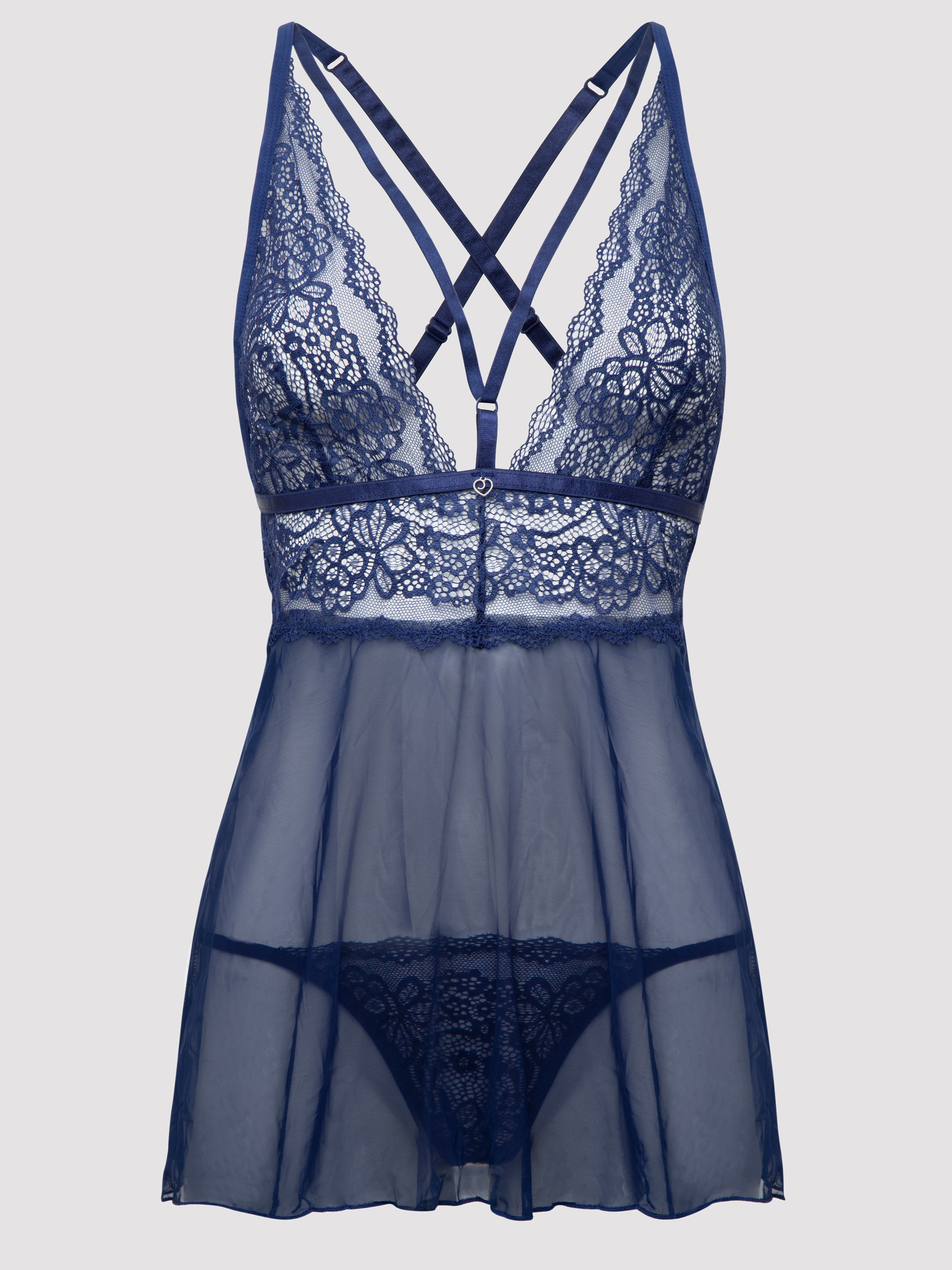 Lovehoney Late Night Liaison Blue Lace Babydoll Set, Navy, vanilla