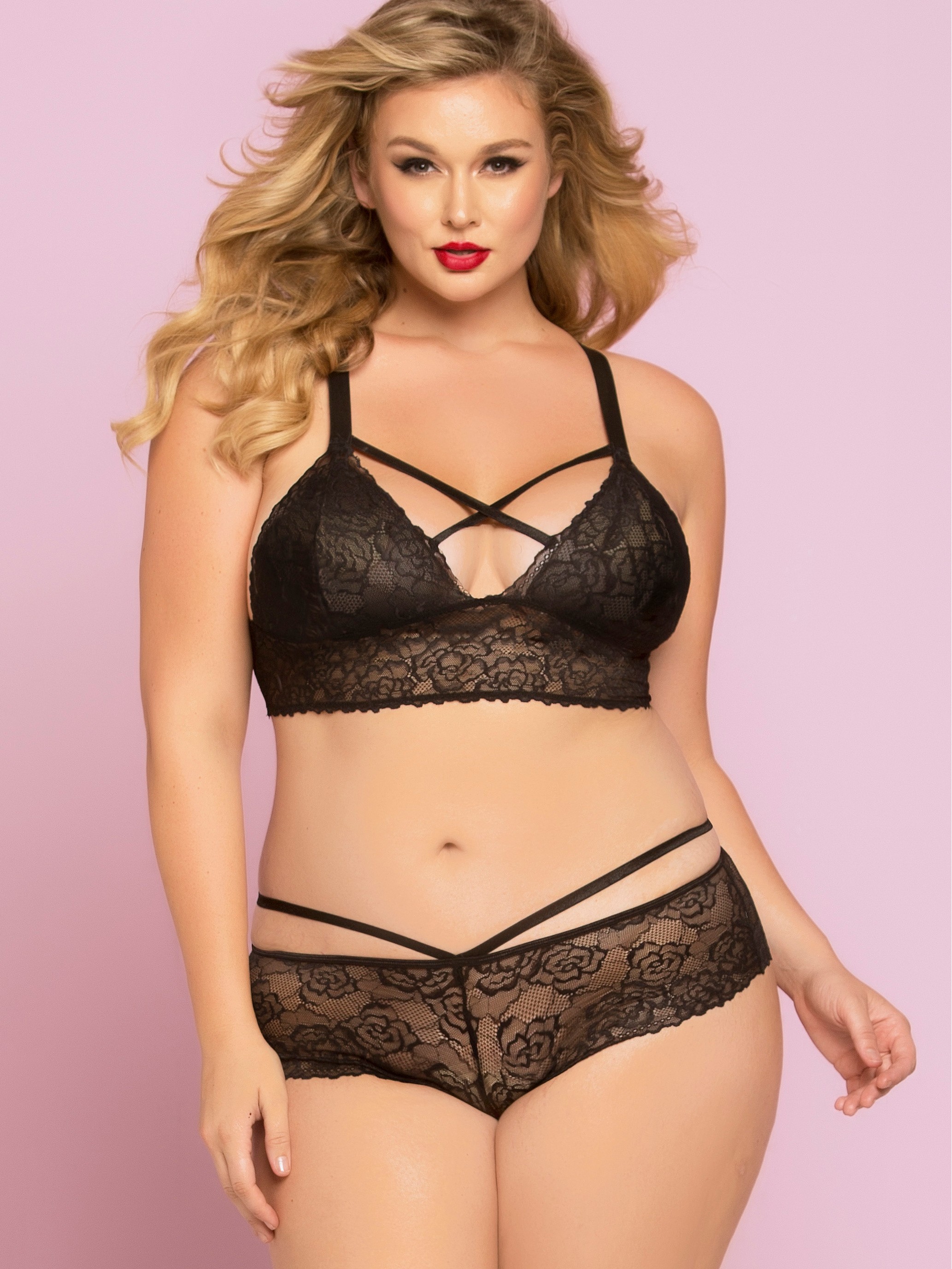 Seven 'til Midnight Plus Size Black Lace Longline Strappy Bralette, Black, hi-res