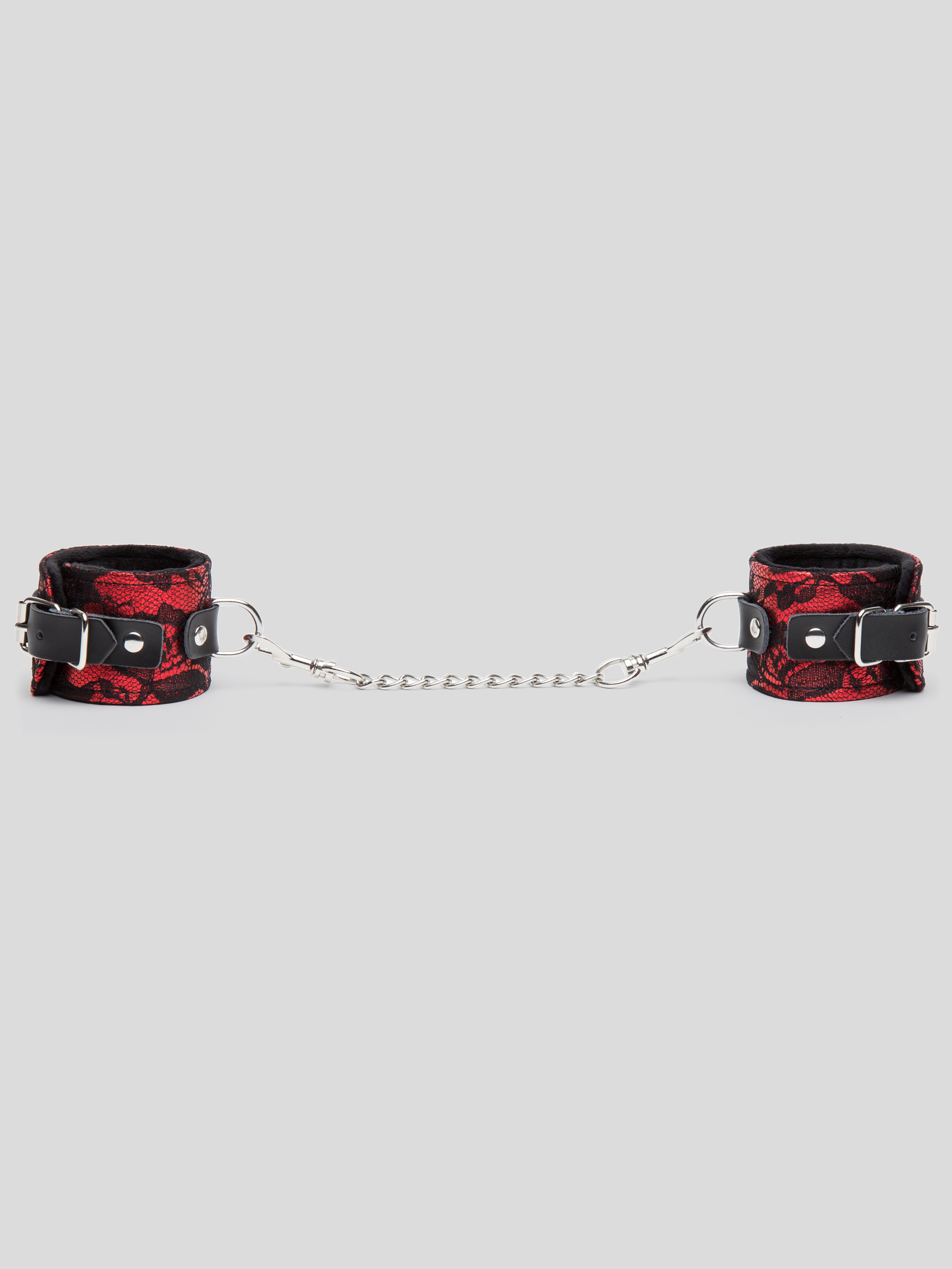 Bondage Boutique Lace and Faux Fur Wrist Cuffs, Red, hi-res