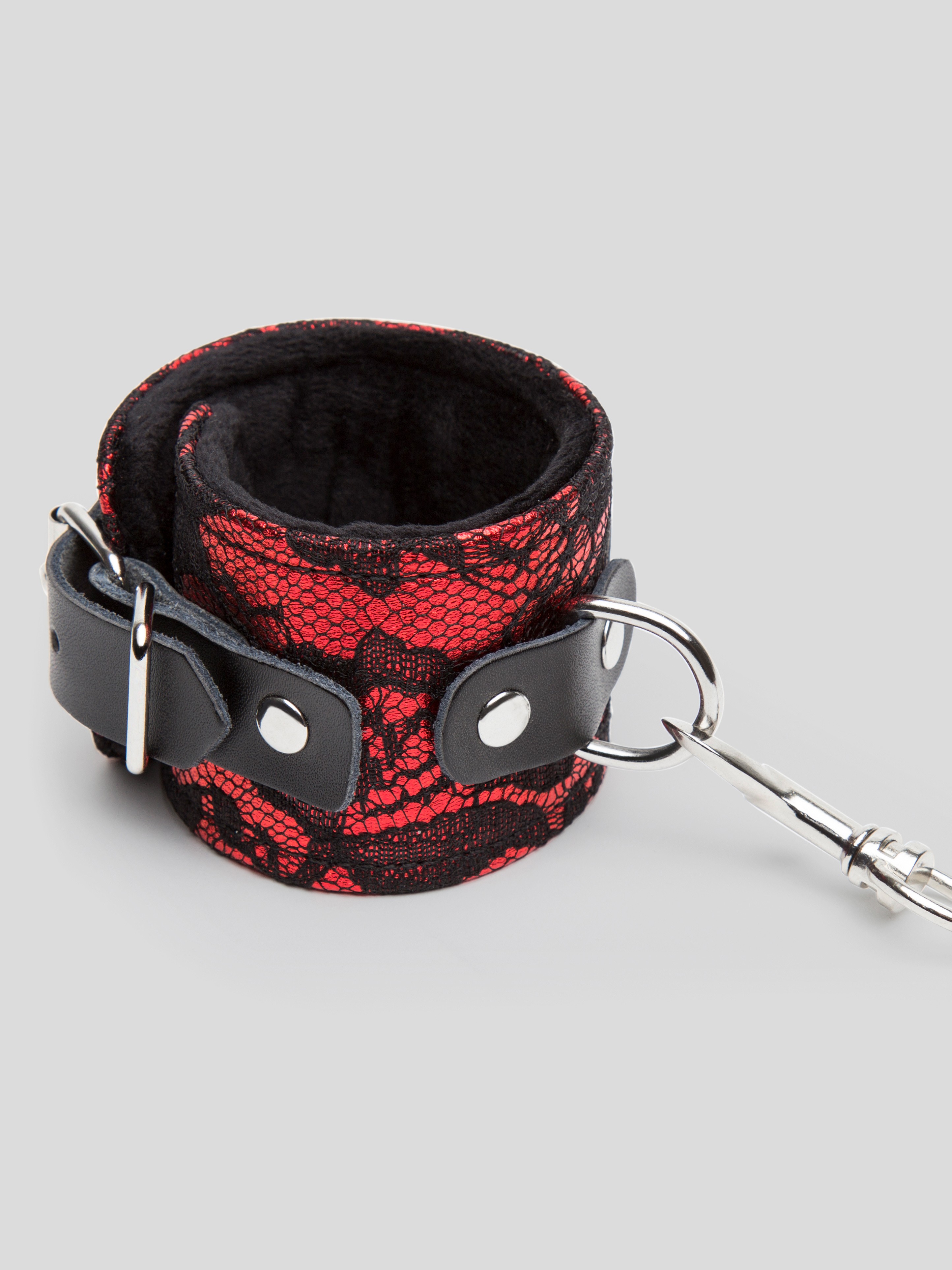 Bondage Boutique Lace and Faux Fur Wrist Cuffs, Red, hi-res