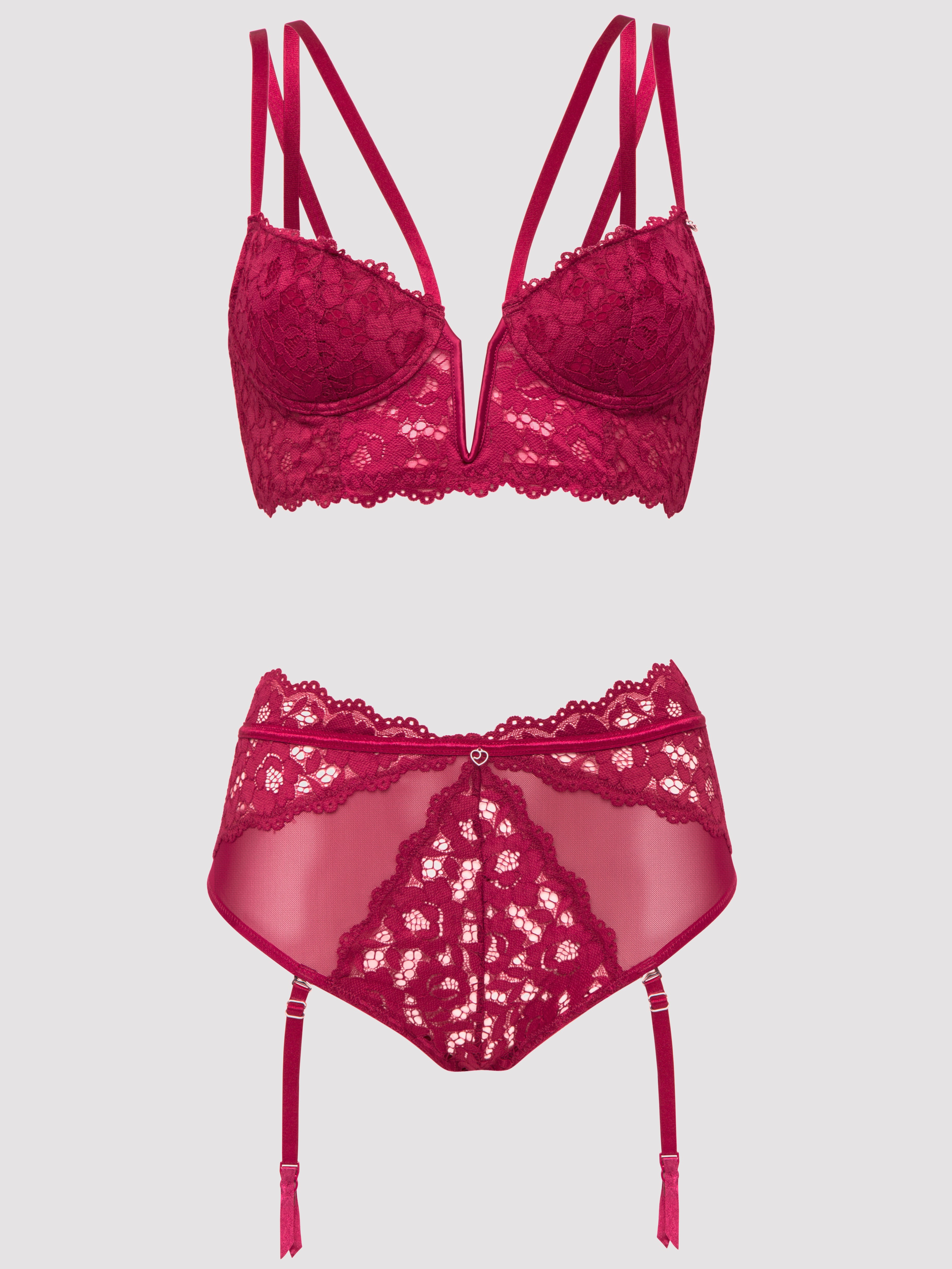 Lovehoney Parisienne Wine Lace Plunge Longline Bra Set