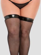 Lovehoney Plus Size PVC Top Fishnet Stockings, Black, hi-res