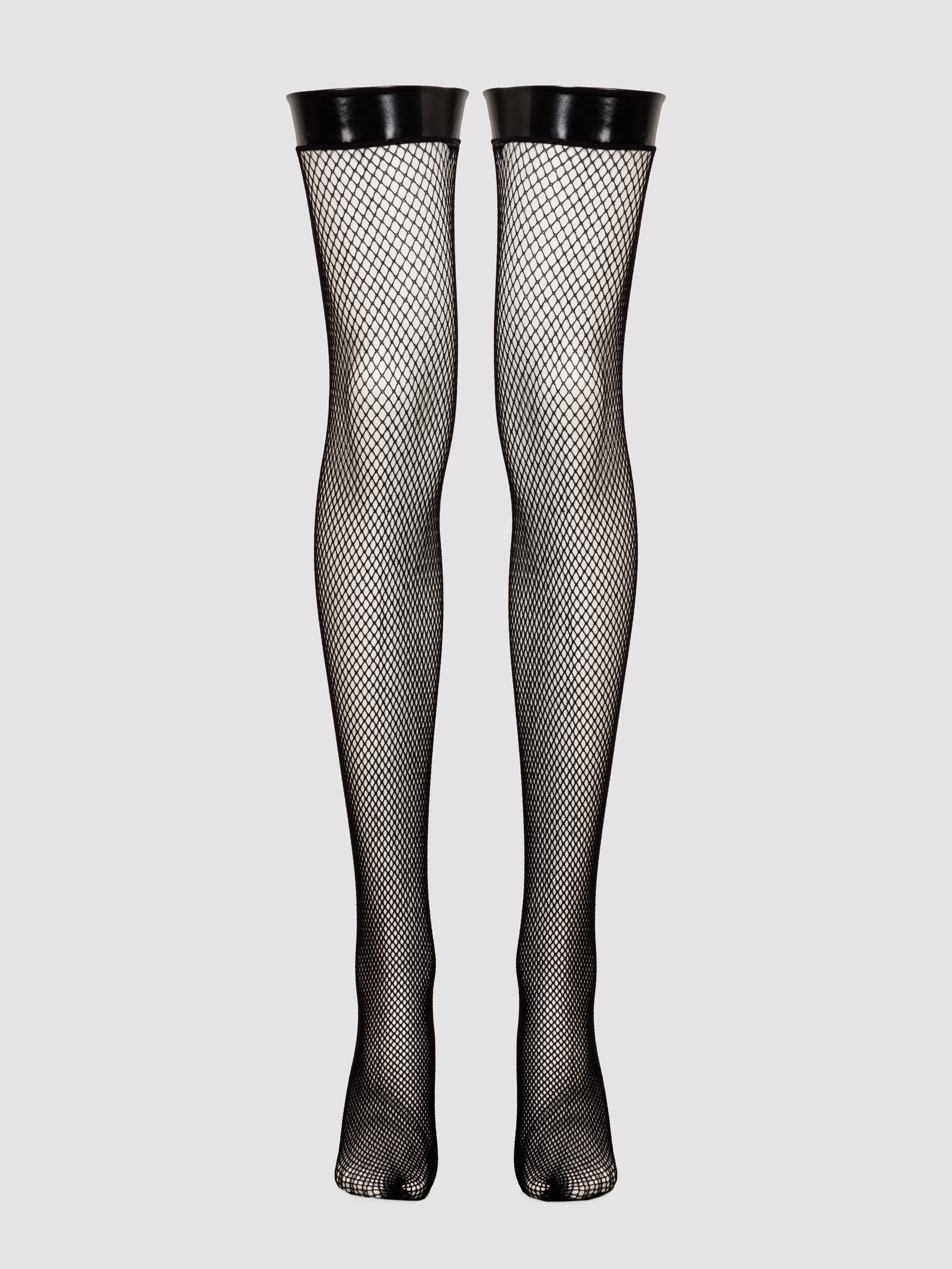 Lovehoney PVC Top Fishnet Stockings, Black, hi-res
