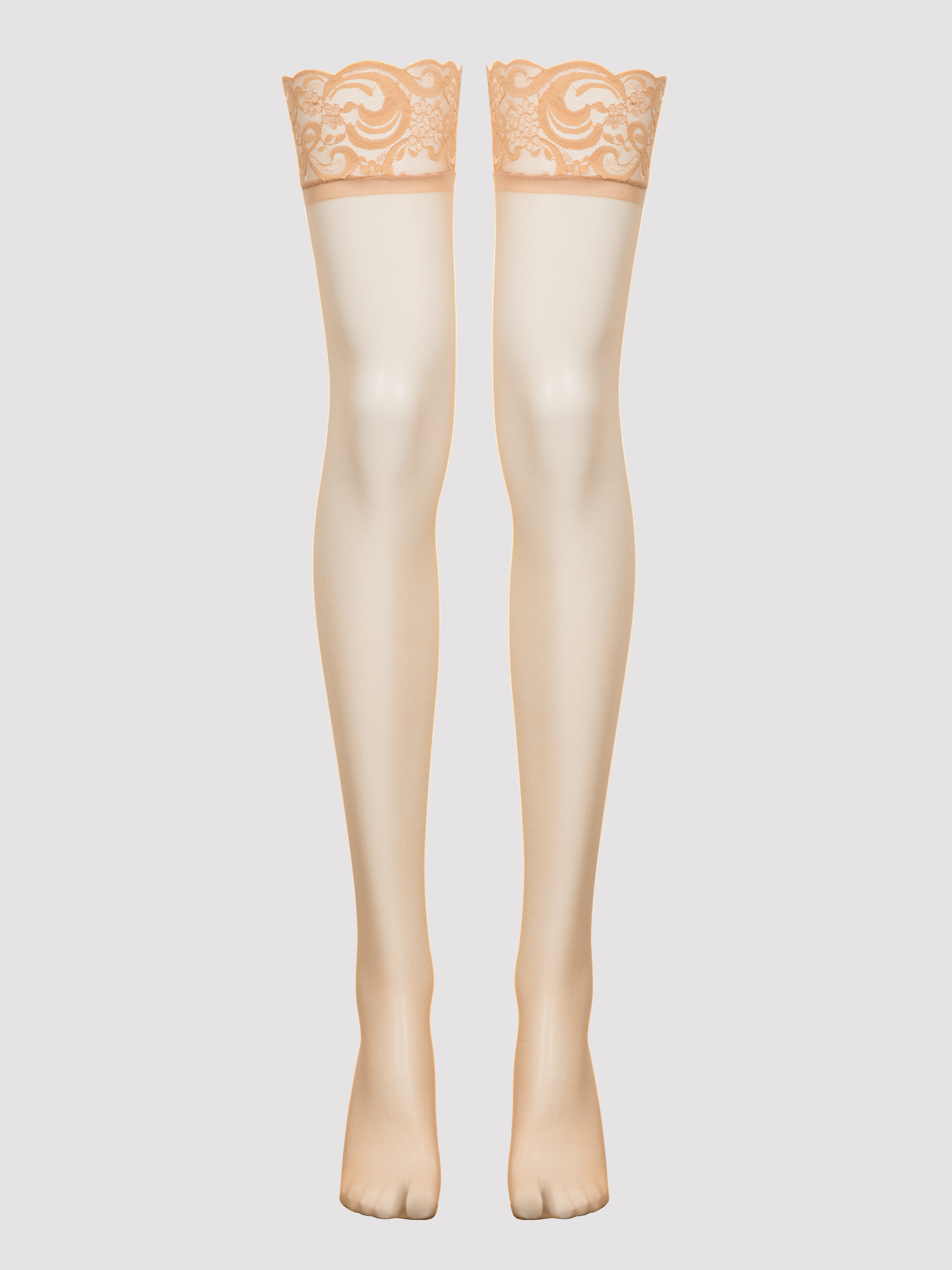 Lovehoney Sheer Black Lace Top Thigh-High Stockings, Beige, vanilla