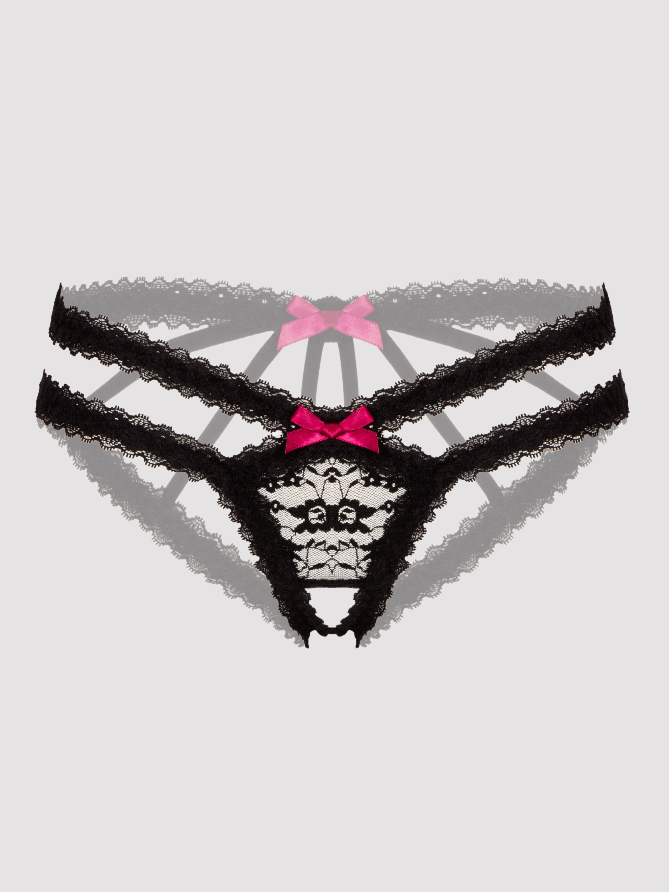Lovehoney Black Lace Cage-Back Crotchless Knickers, Black, hi-res
