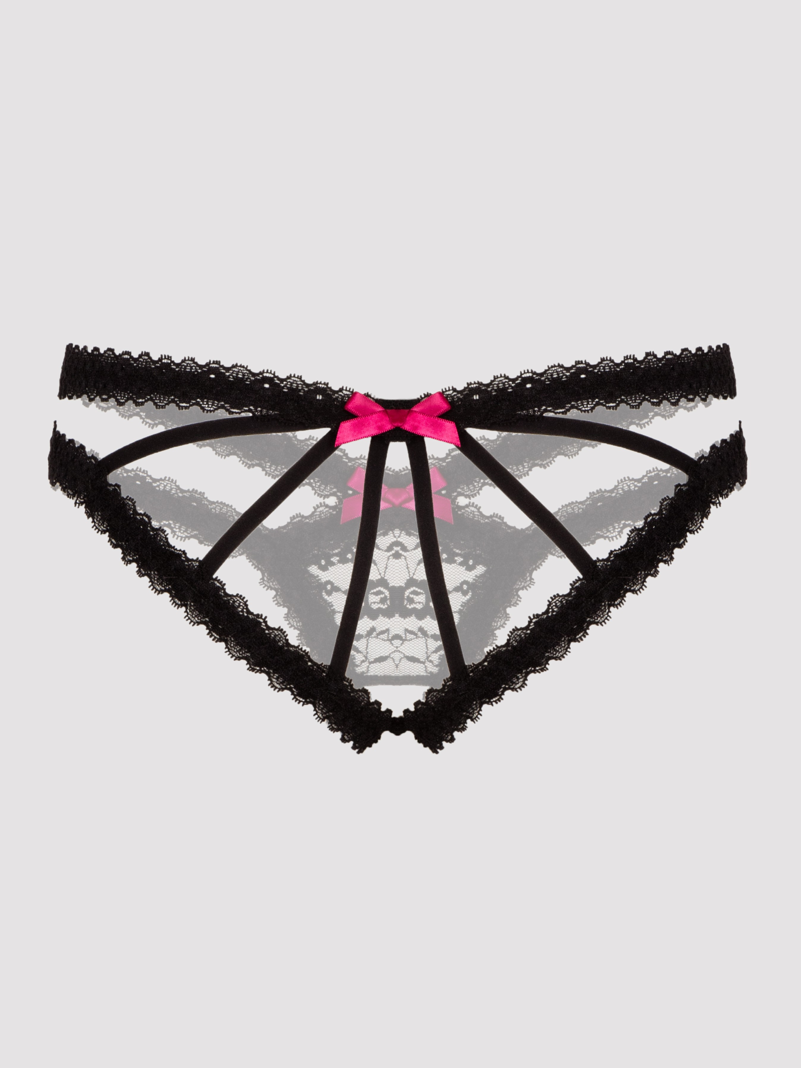 Lovehoney Black Lace Cage-Back Crotchless Knickers, Black, vanilla