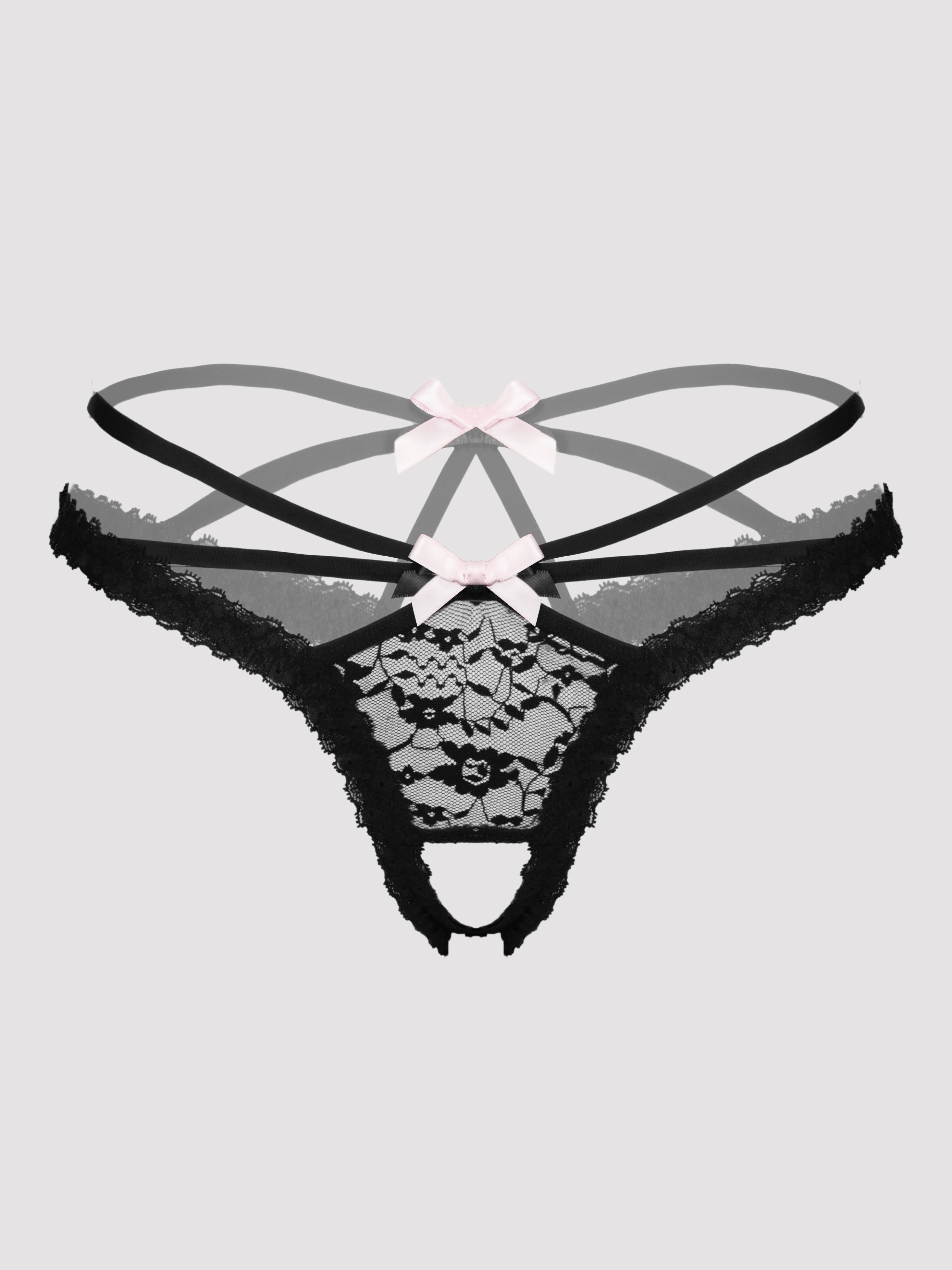Lovehoney Black Crotchless Strappy Lace Thong, Black, hi-res