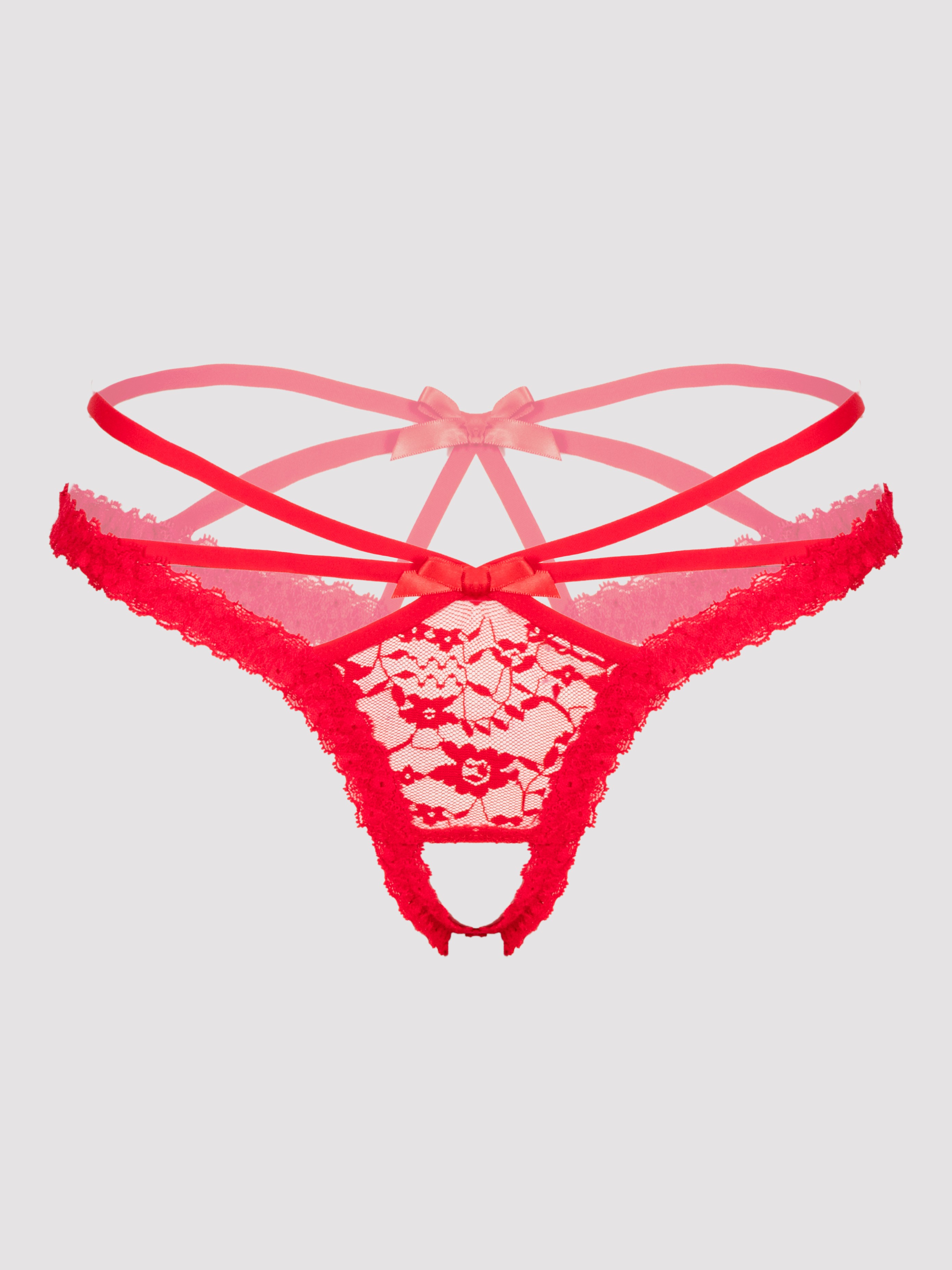 Lovehoney Black Crotchless Strappy Lace Thong, Red, hi-res