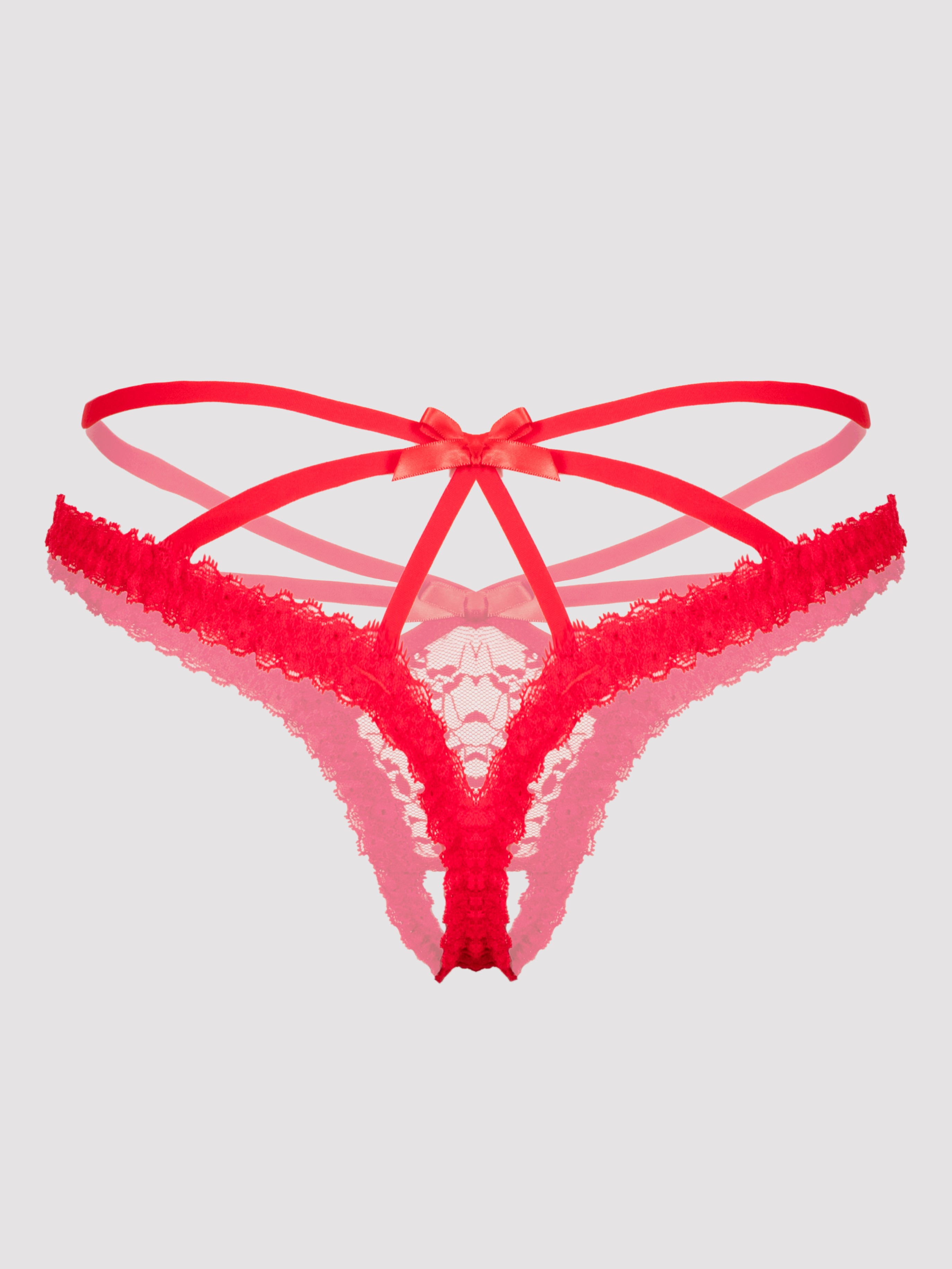 Lovehoney Black Crotchless Strappy Lace Thong, Red, hi-res