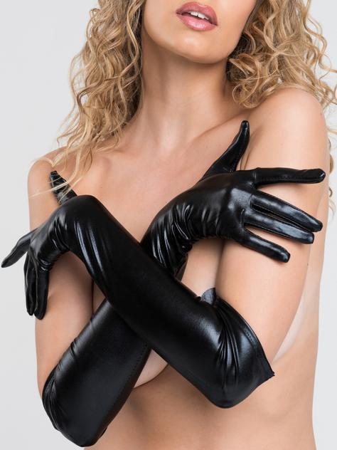 Lovehoney Fantasy Wet-Look-Handschuhe (lang), Schwarz, hi-res