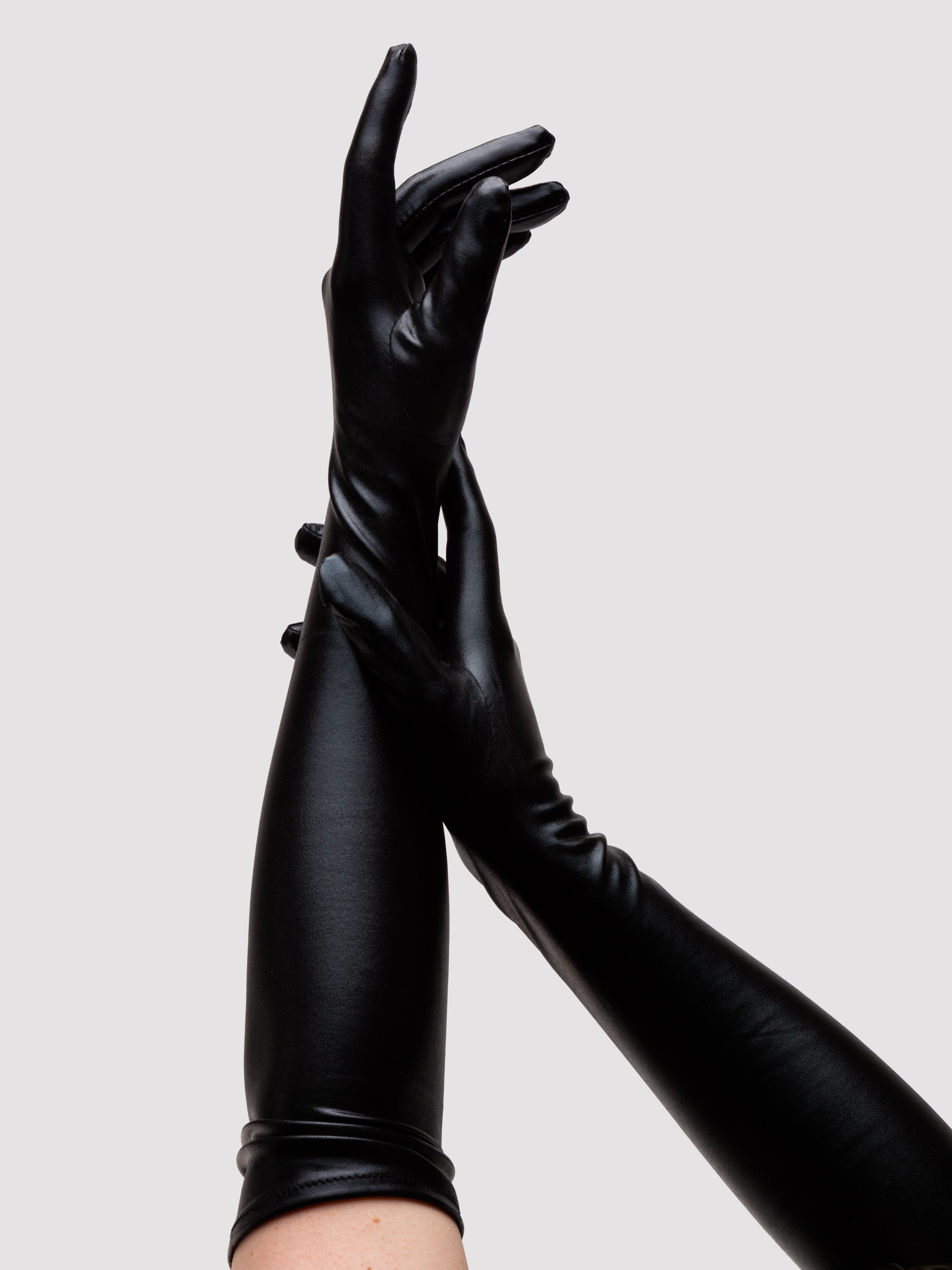 Lovehoney Fierce Black Wet Look Elbow-Length Gloves, Black, hi-res