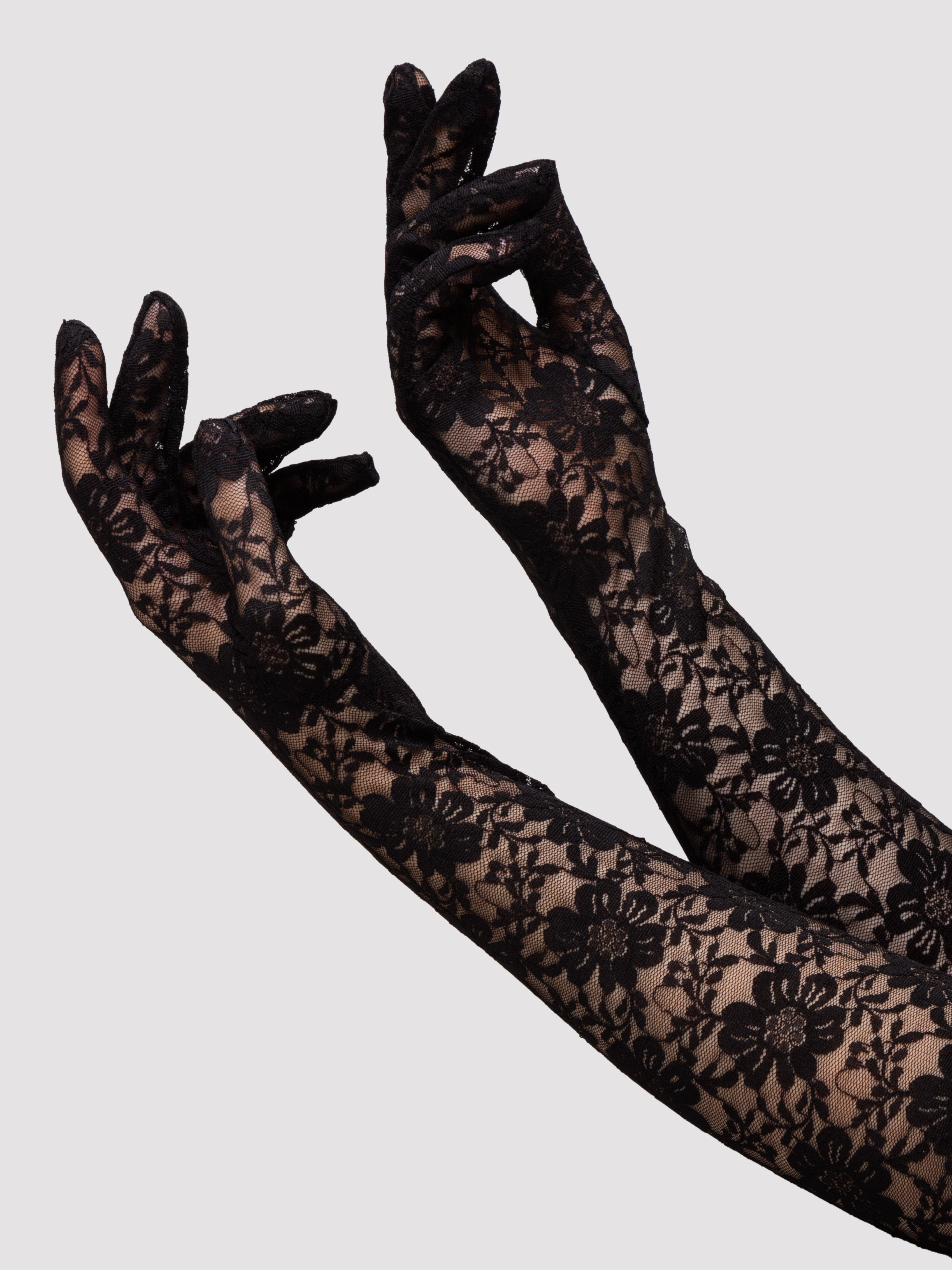 Lovehoney Fantasy Elbow-Length Lace Gloves, Black, hi-res
