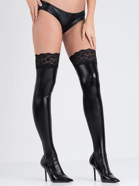 Lovehoney Black Wet Look Hold-Ups with Lace Tops