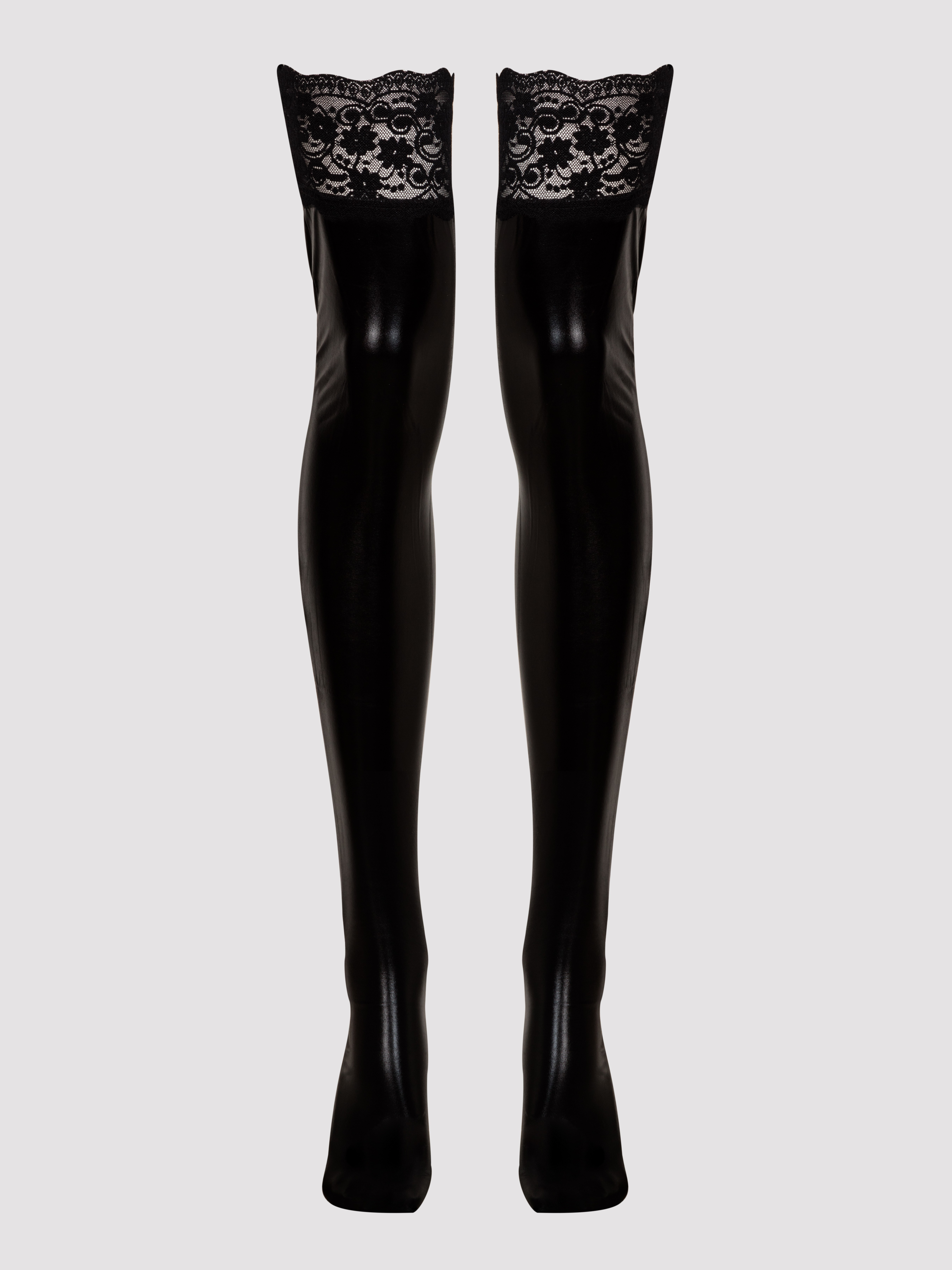 Lovehoney Fierce Black Wet Look Thigh-Highs with Lace Tops, Black, hi-res