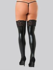 Lovehoney Black Wet Look Thigh Highs with Lace Tops, Black, hi-res