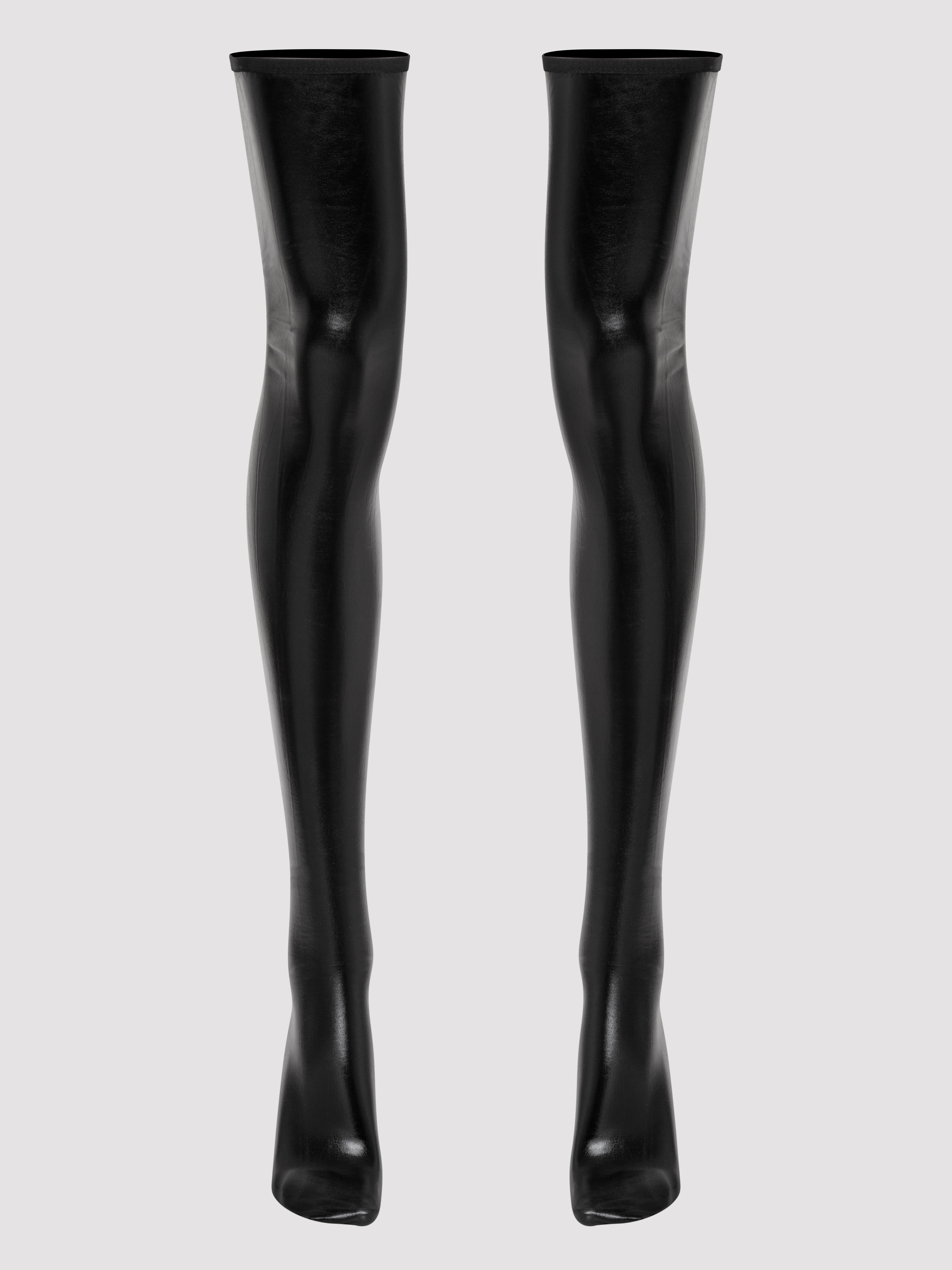 Lovehoney Fierce Black Wet Look Thigh High Stockings, Black, hi-res
