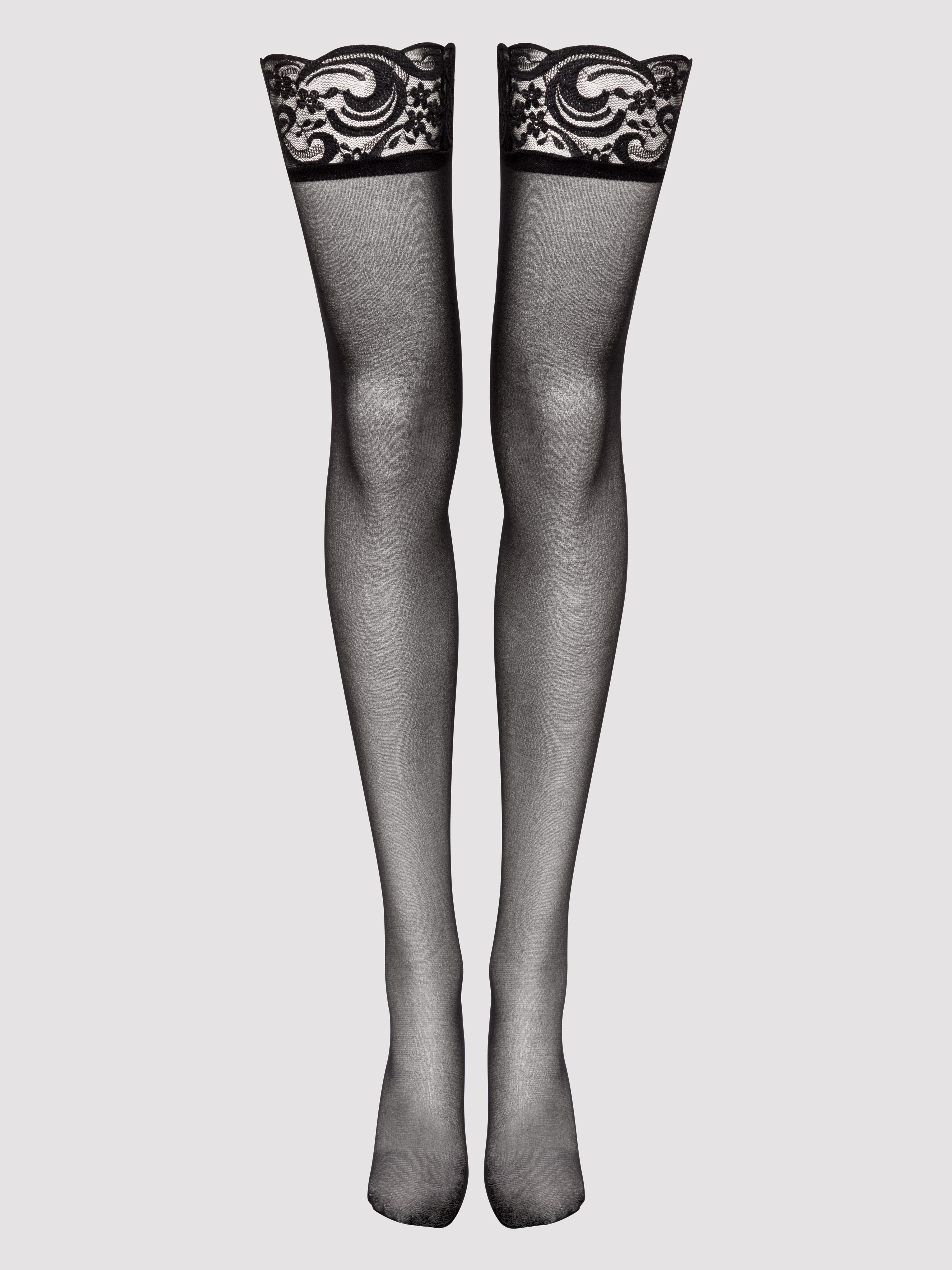 Lovehoney Sheer Black Lace Top Thigh-High Stockings, Black, hi-res