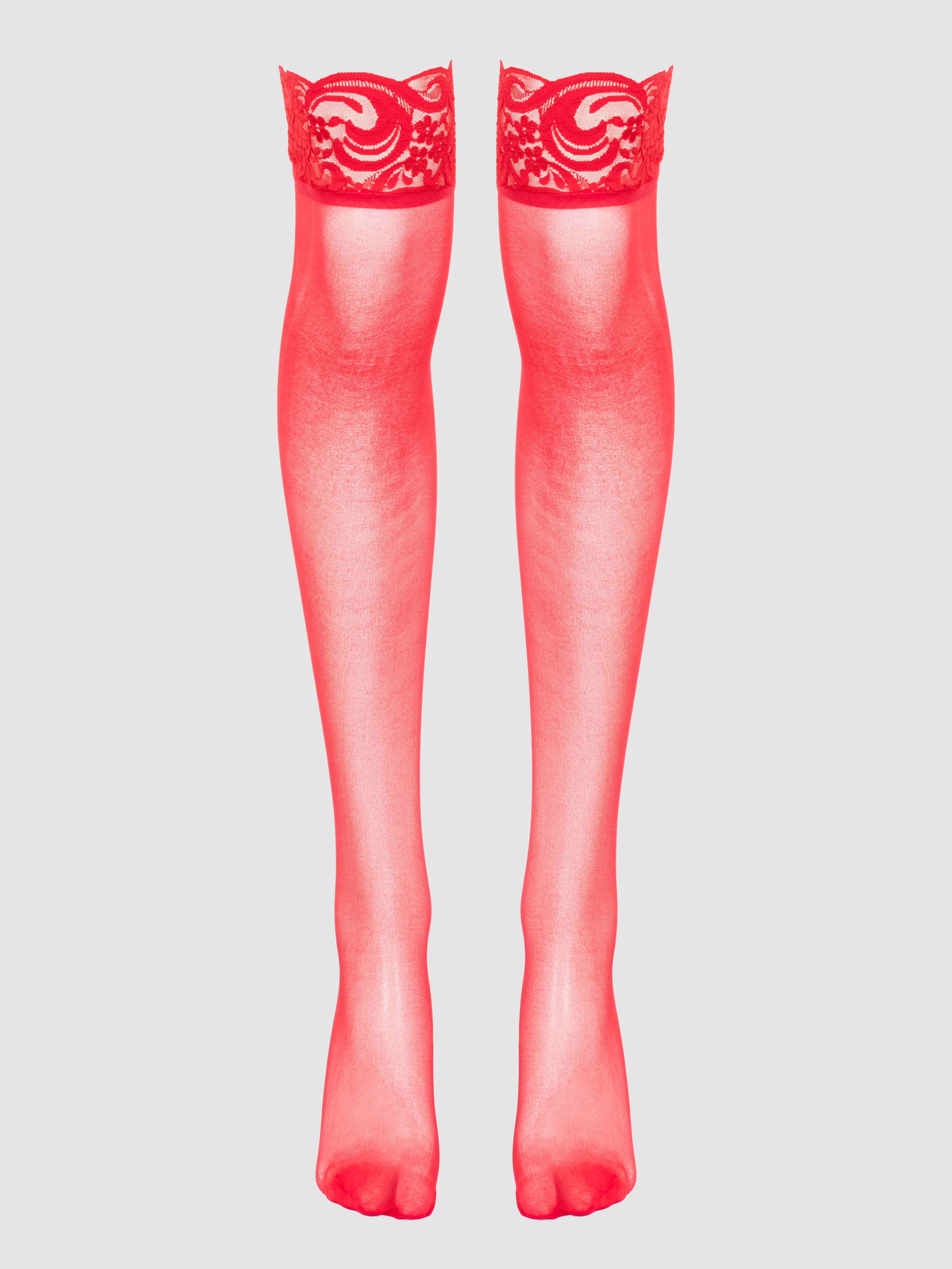 Lovehoney Sheer Black Lace Top Thigh-High Stockings, Red, hi-res