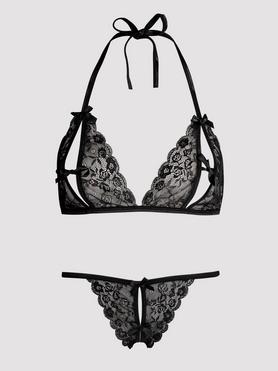 Lovehoney Plus Size Black Lace Peek-a-Boo Bra and Crotchless G-String Set