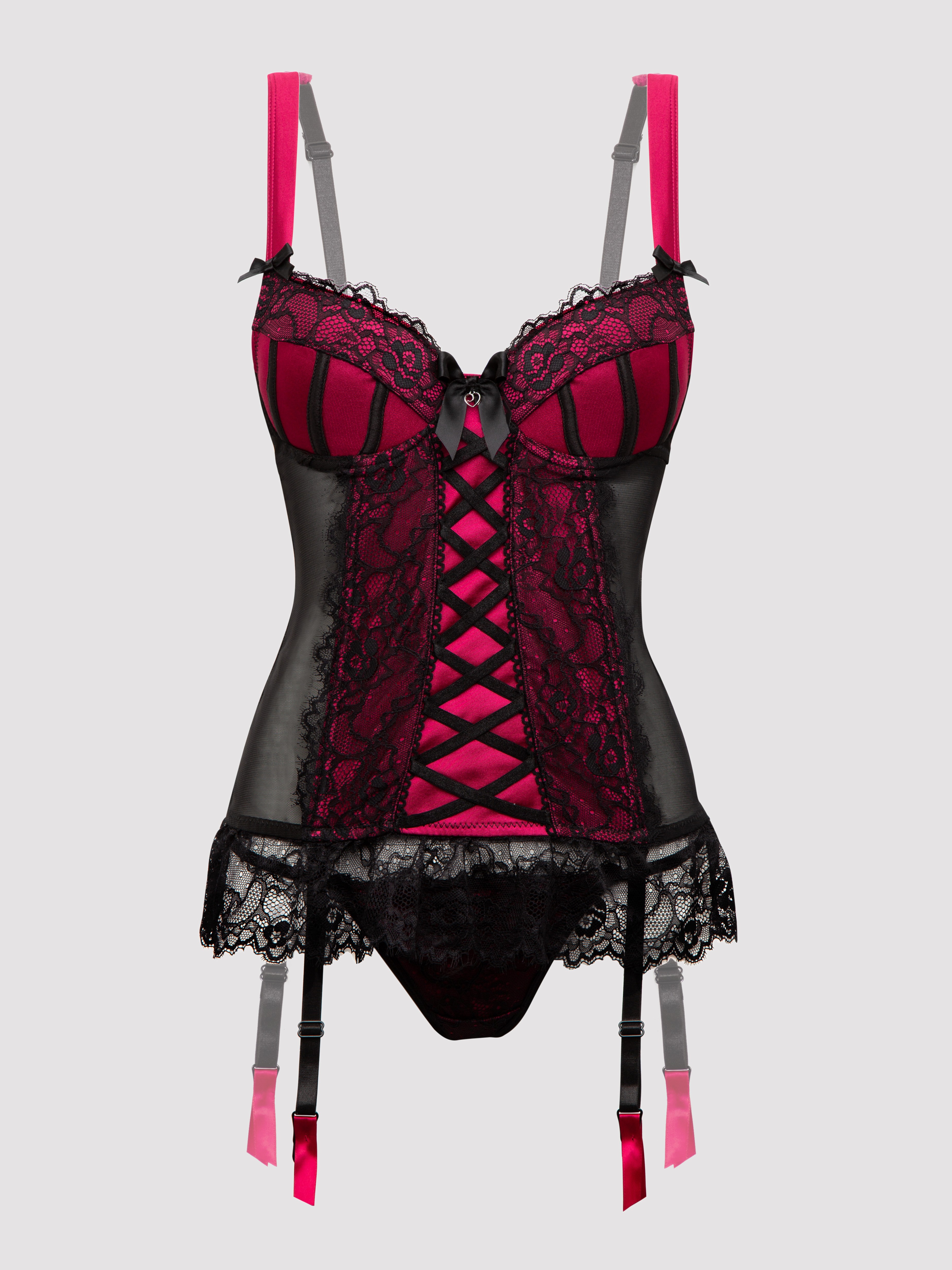 Lovehoney Plus Size Boudoir Belle Cherry Push-Up Basque Set, Black, hi-res