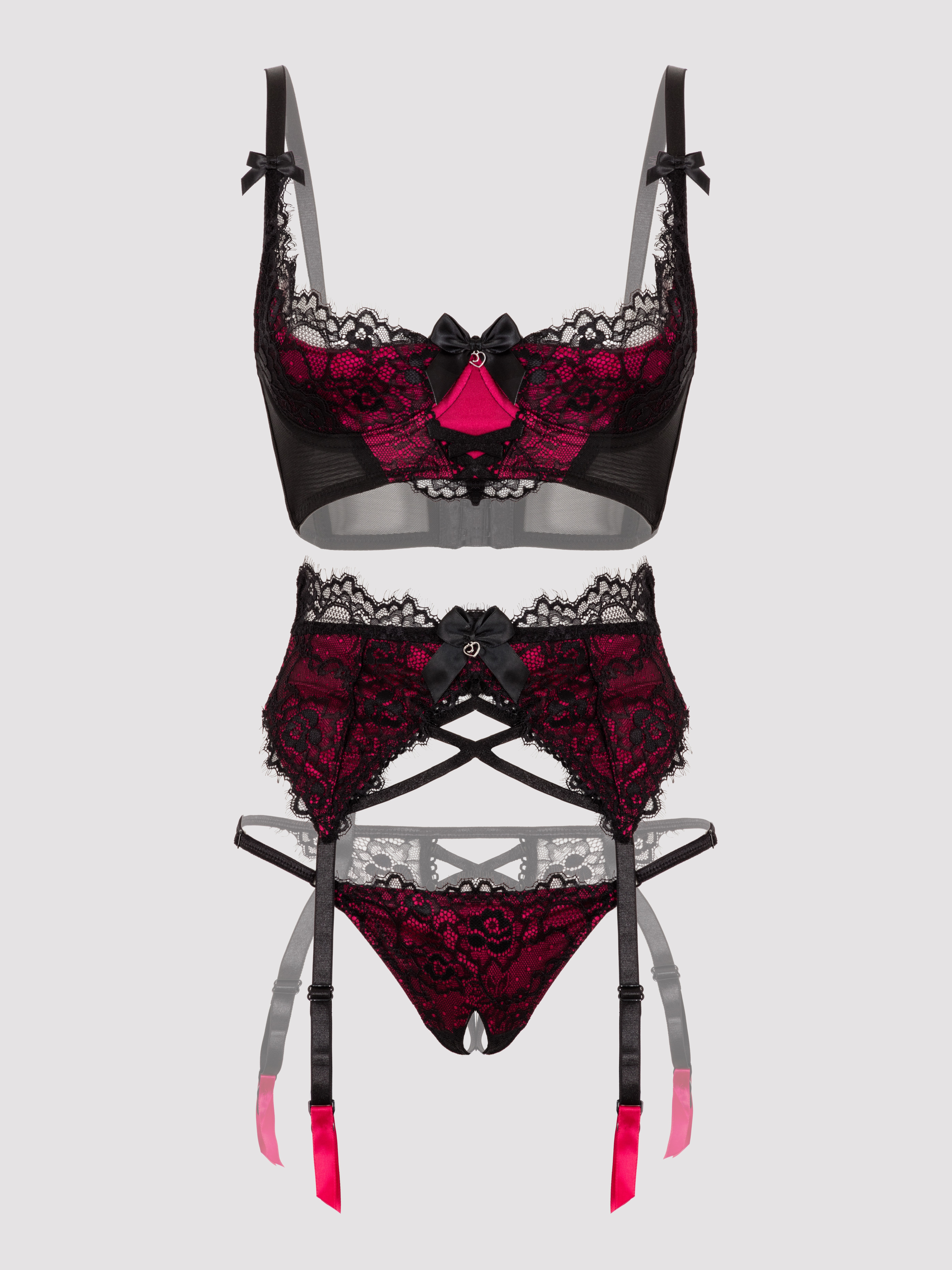 Lovehoney Boudoir Belle Cherry Quarter Cup Bra Set, Black, hi-res