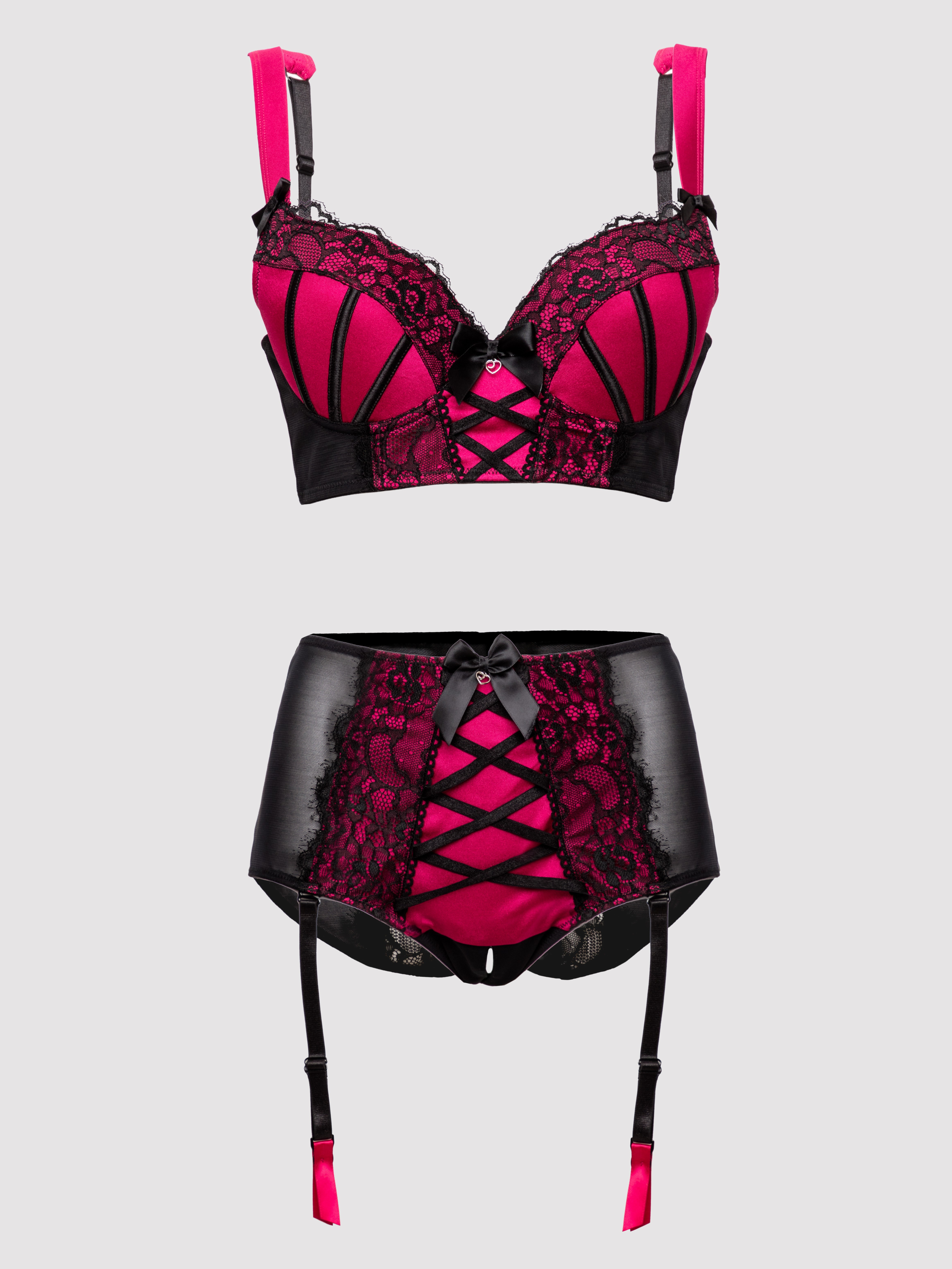 Lovehoney Boudoir Belle Cherry Push-Up Longline Bra Set, Black, hi-res