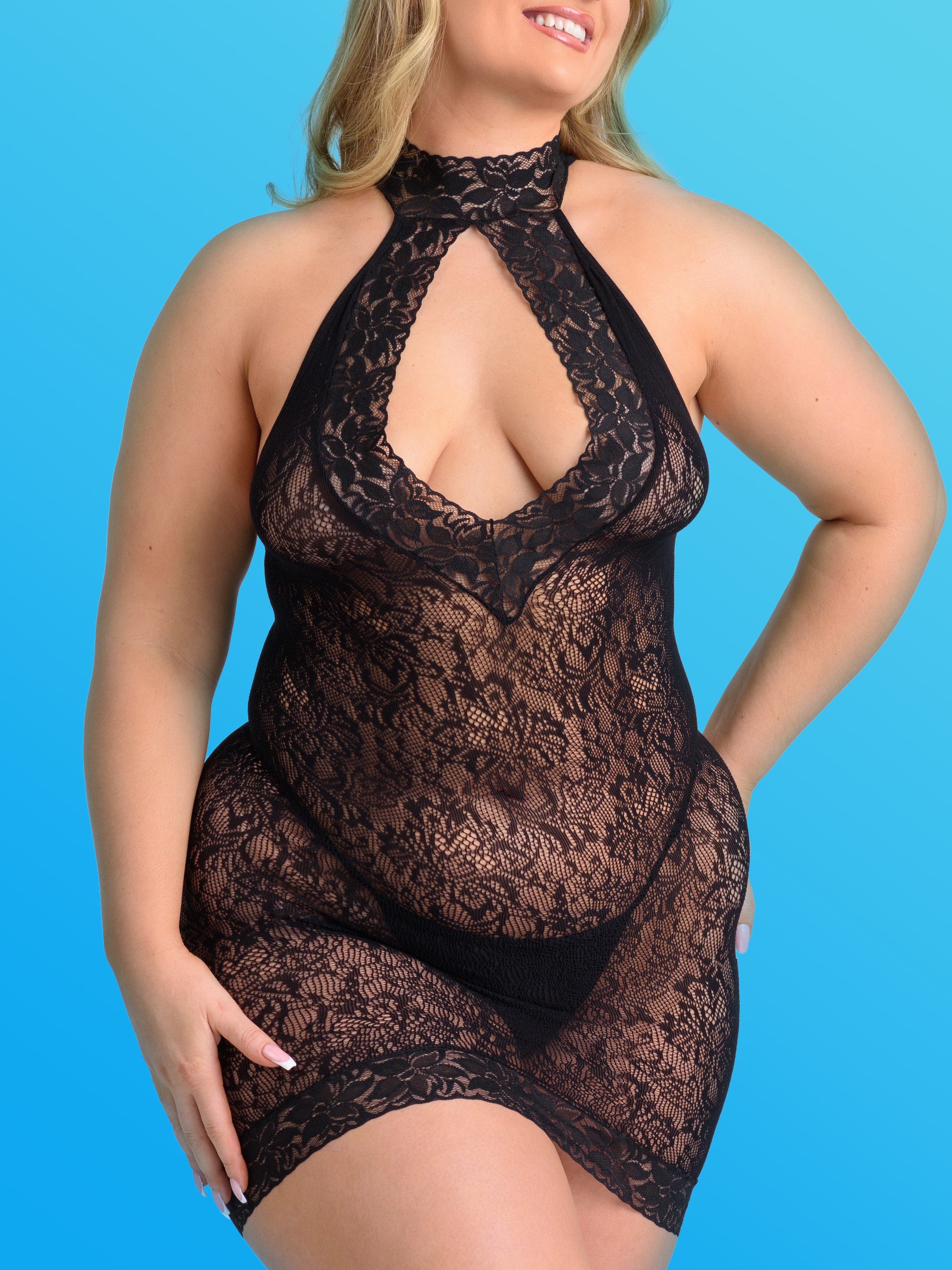 Lovehoney Plus Size Black Lace Keyhole Front Mini Dress, Black, hi-res