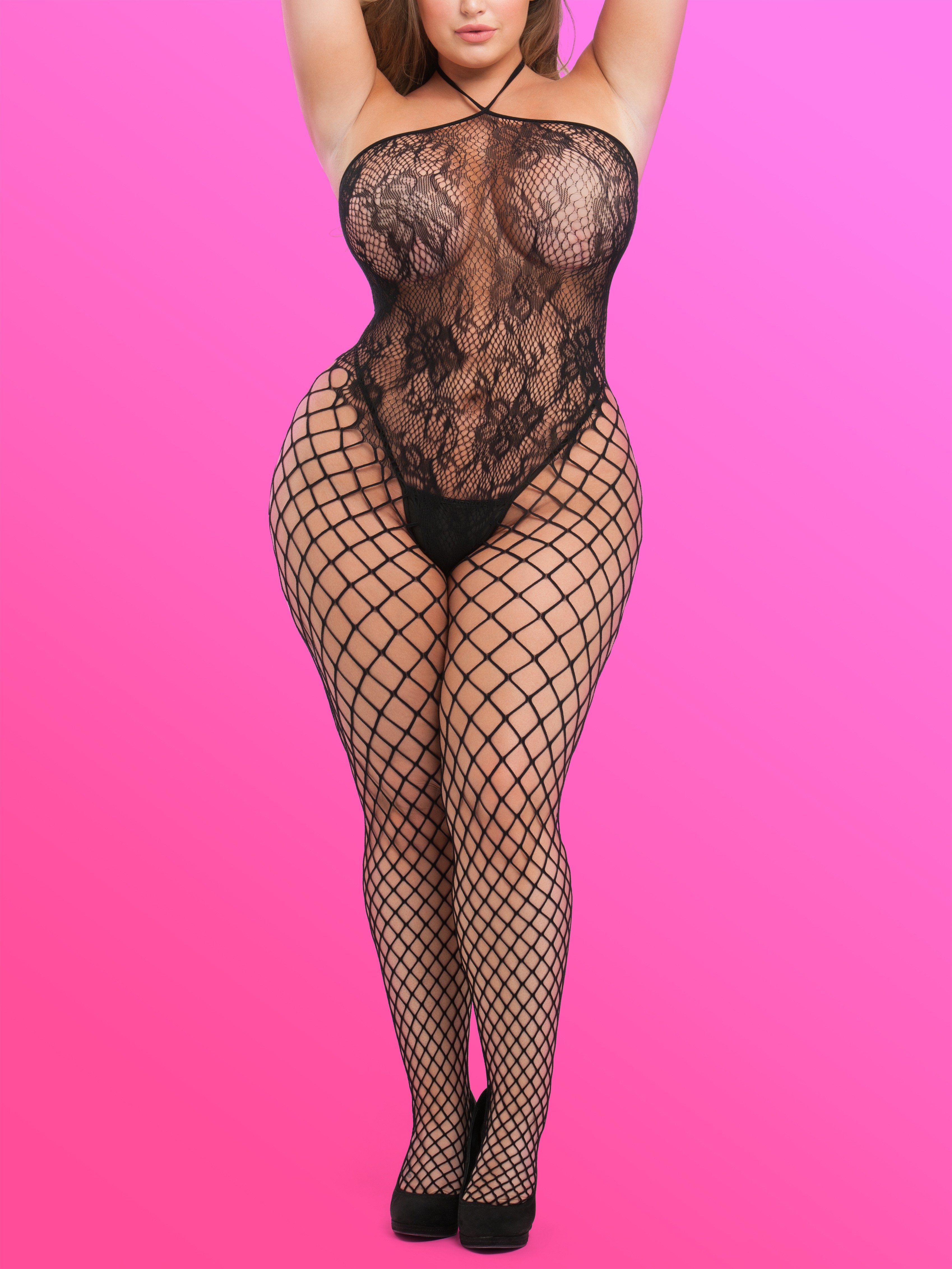 Lovehoney Plus Size Treasure Chest Fishnet Crotchless Bodystocking, Black, hi-res