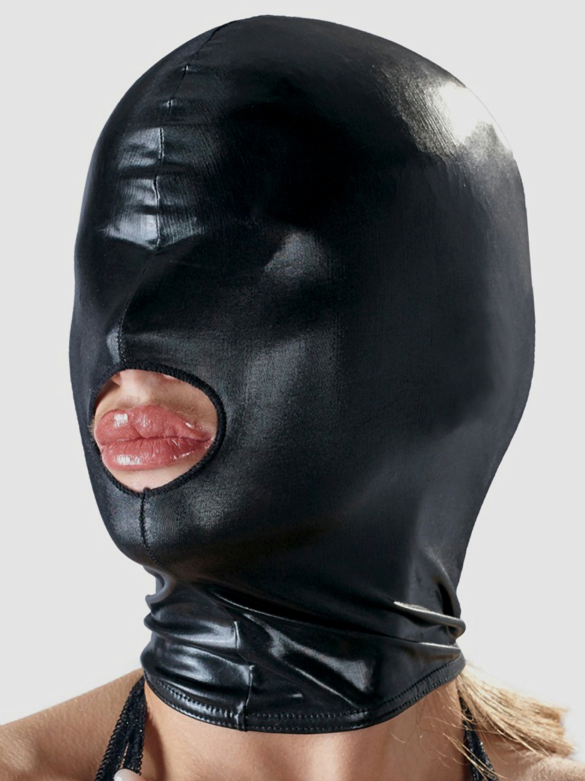 Bad Kitty Wet Look Open Mouth Bondage Hood, Black, hi-res