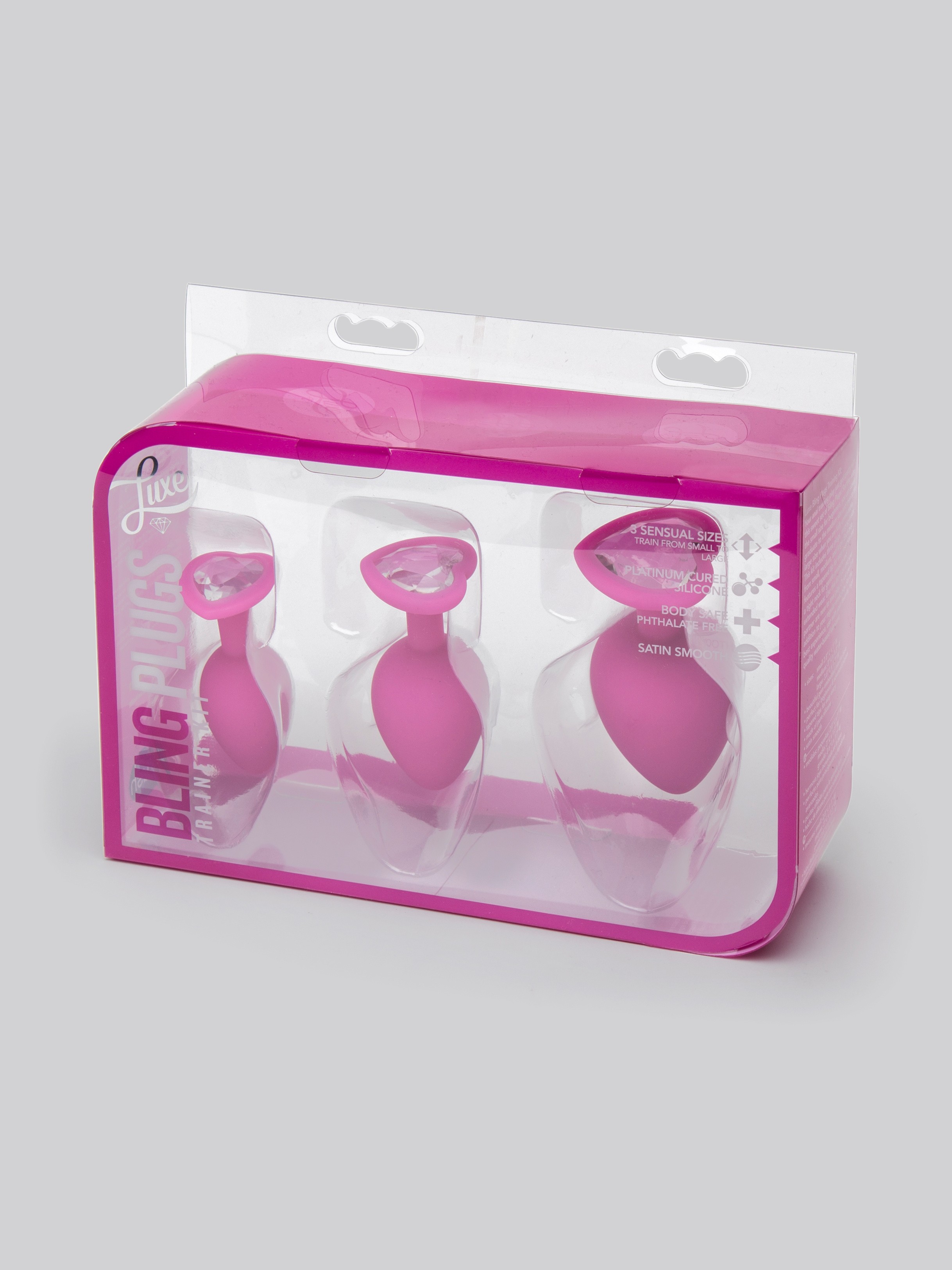 Luxe Jewelled Butt Plug Set with Heart Crystal (3 Piece), Pink, hi-res