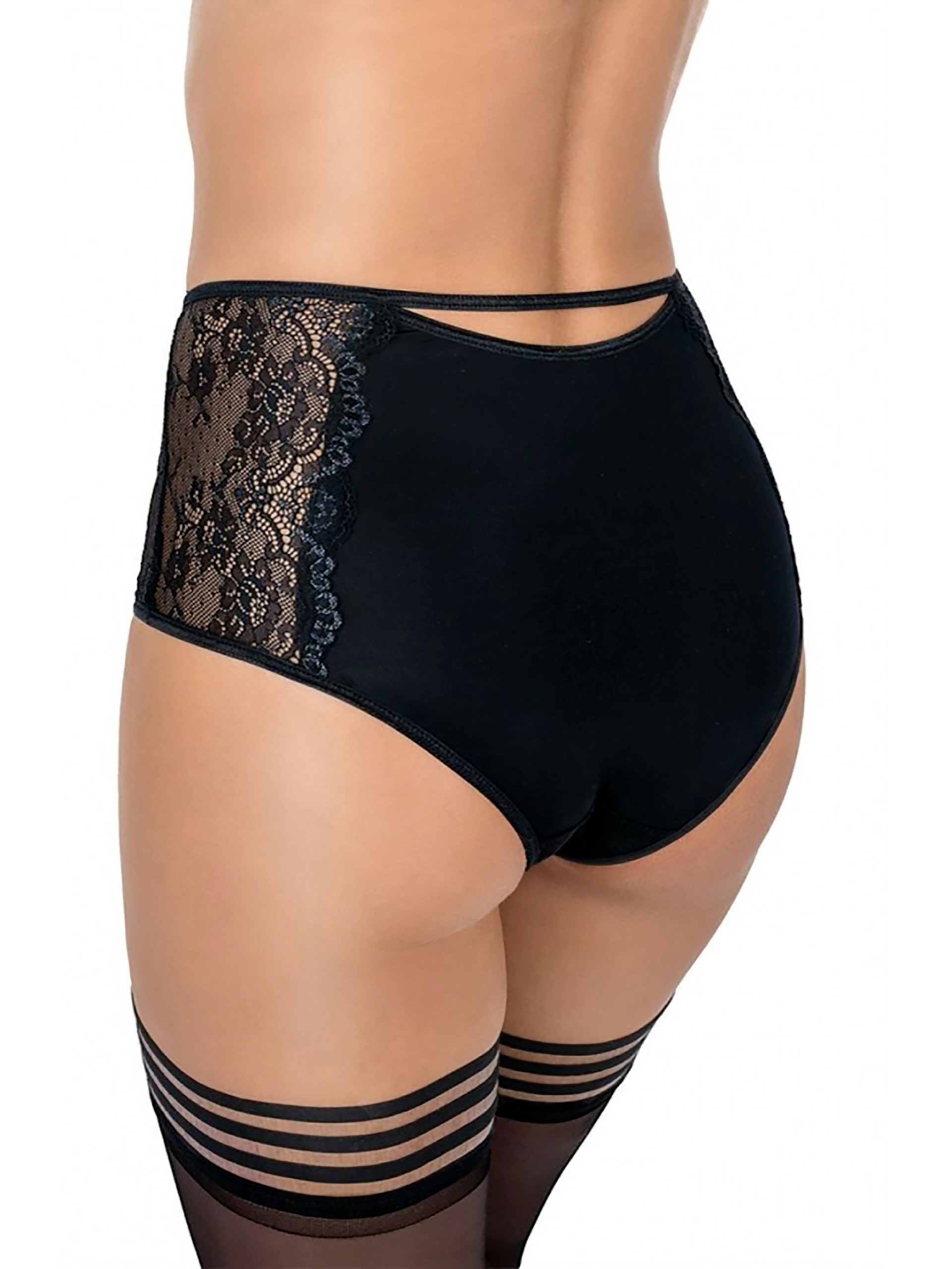 Roza High Waisted Black Lace and Mesh Knickers, Black, hi-res